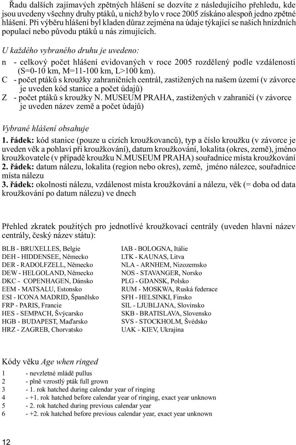 U každého vybraného druhu je uvedeno: n - celkový poèet hlášení evidovaných v roce 2005 rozdìlený podle vzdáleností (S=0-10 km, M=11-100 km, L>100 km).