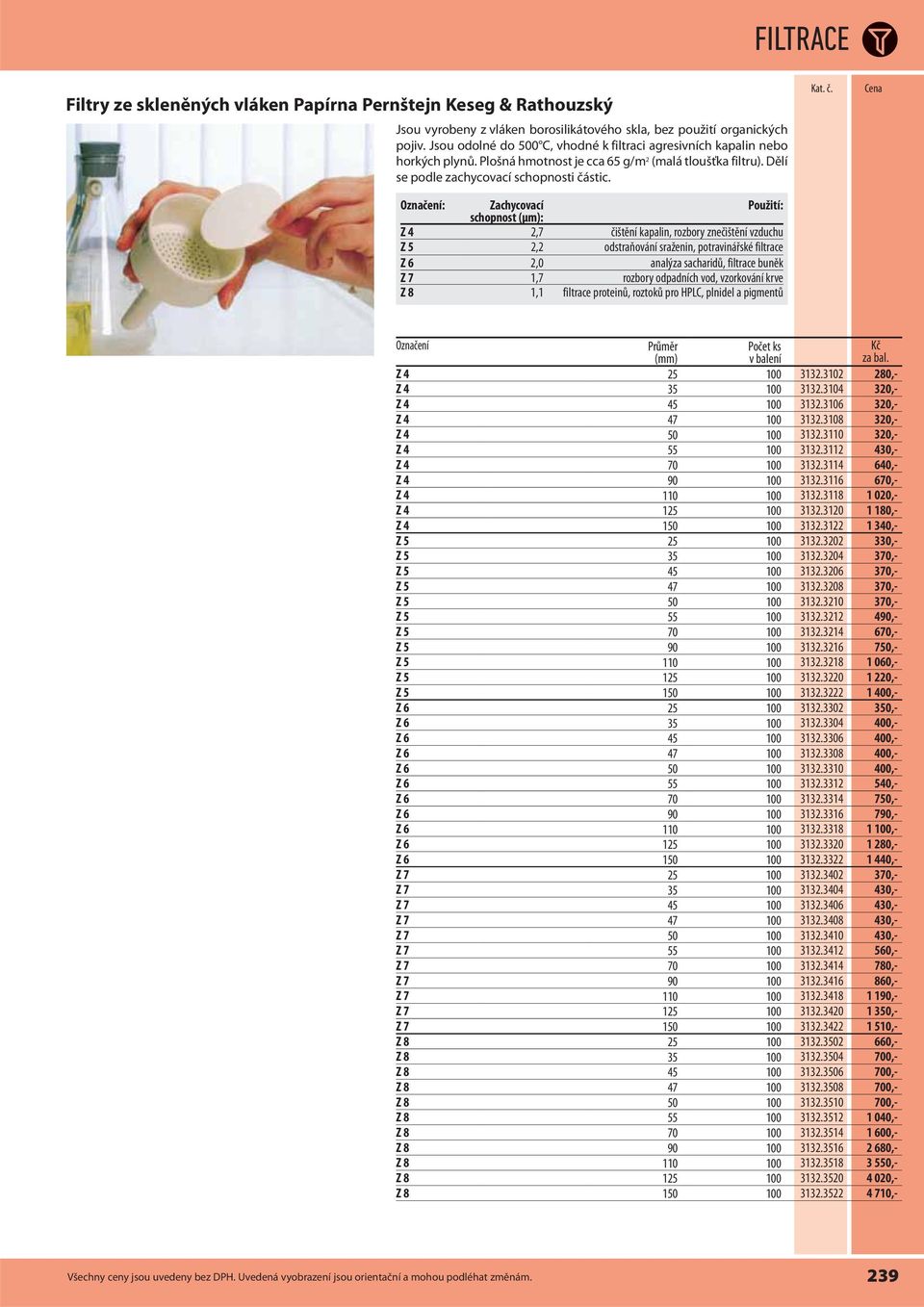 : Zachycovací schopnost (): Použití: Z 4 2,7 čištění kapalin, rozbory znečištění vzduchu Z 5 2,2 odstraňování sraženin, potravinářské filtrace Z 6 2,0 analýza sacharidů, filtrace buněk Z 7 1,7