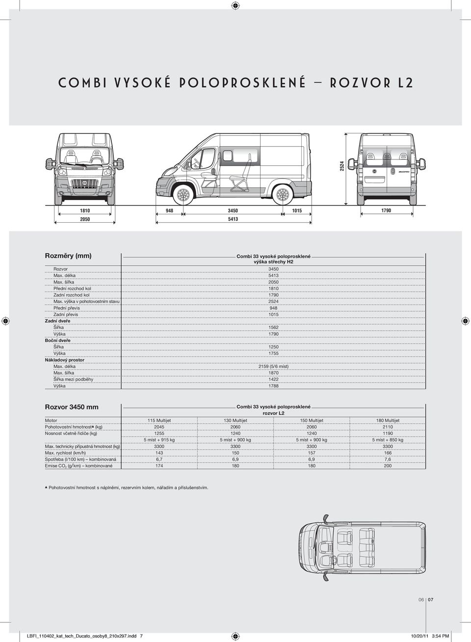 šířka 1870 Šířka mezi podběhy 1422 Výška 1788 Rozvor 3450 mm Combi 33 vysoké poloprosklené rozvor L2 Motor 115 Multijet 130 Multijet 150 Multijet 180 Multijet Pohotovostní hmotnost (kg) 2045 2060