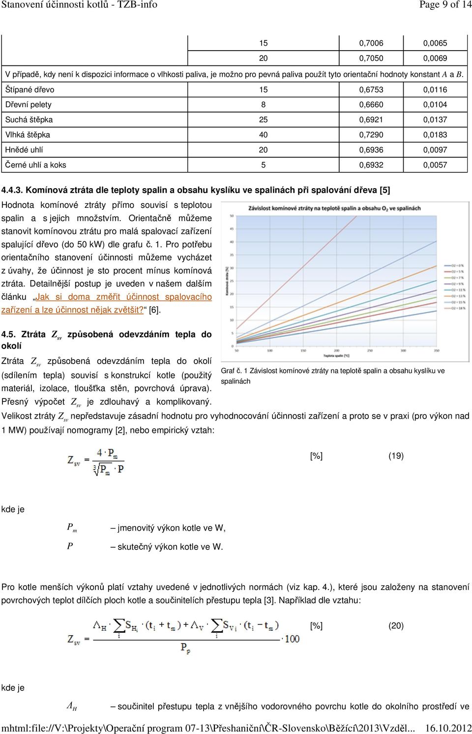 Orientačně můžeme stanovit komínovou ztrátu pro malá spalovací zařízení spalující dřevo (do 50 kw) dle grafu č. 1.