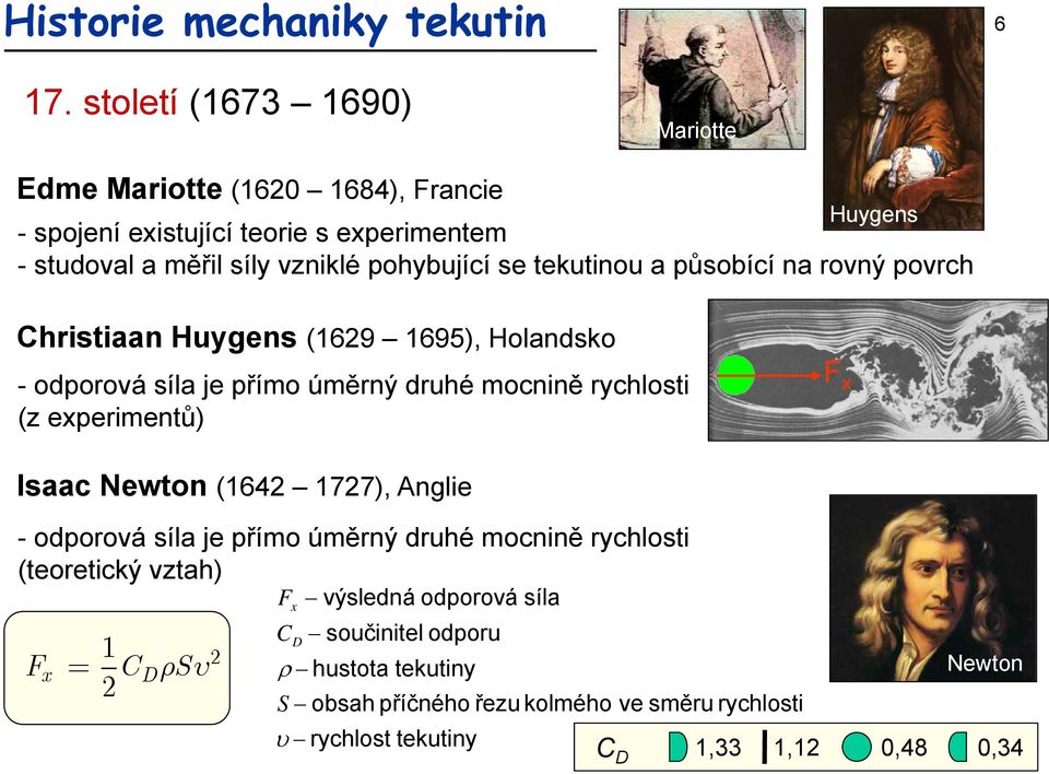 experimentů) F x Isaac Newton (1642 1727), Anglie - odporová síla je přímo úměrný druhé mocnině rychlosti (teoretický vztah) 1 Fx = CDrSu 2 2 F x