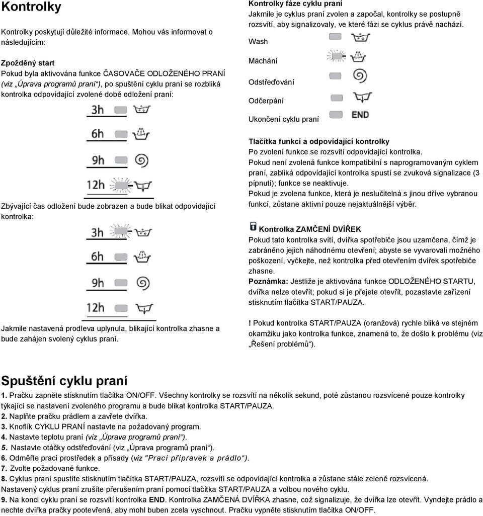 zvolené době odložení praní: Kontrolky fáze cyklu praní Jakmile je cyklus praní zvolen a započal, kontrolky se postupně rozsvítí, aby signalizovaly, ve které fázi se cyklus právě nachází.