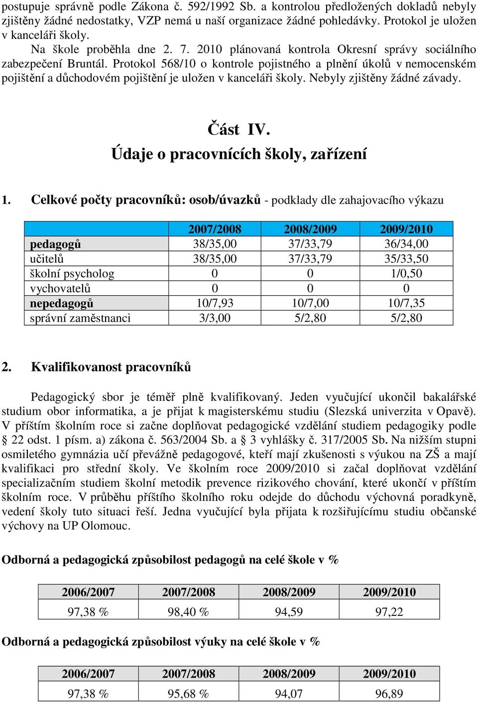 Protokol 568/10 o kontrole pojistného a plnění úkolů v nemocenském pojištění a důchodovém pojištění je uložen v kanceláři školy. Nebyly zjištěny žádné závady. Část IV.