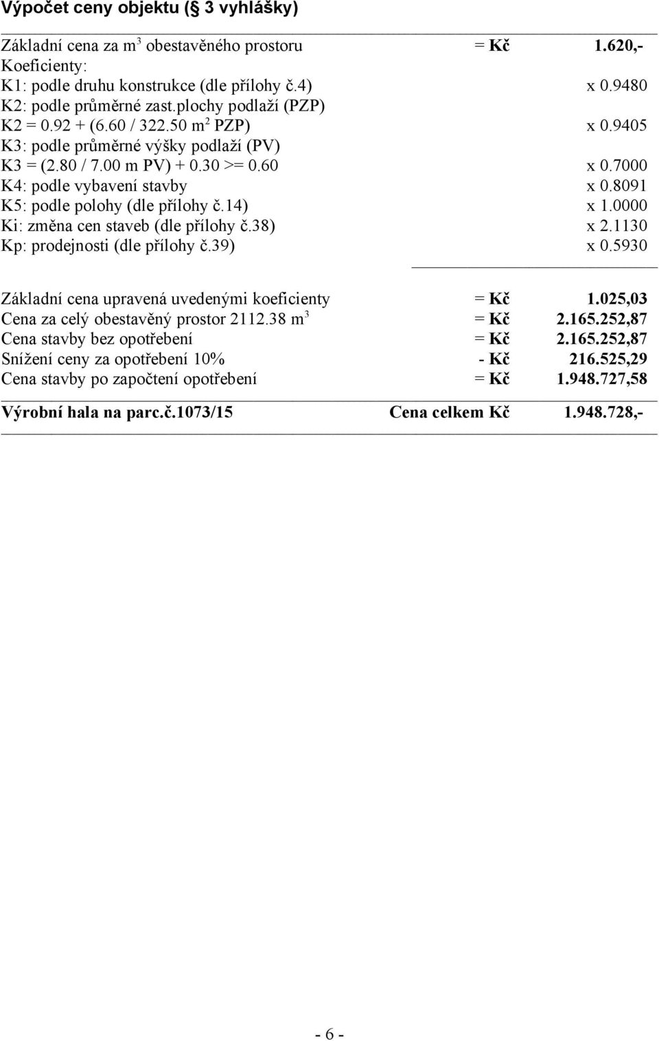 8091 K5: podle polohy (dle přílohy č.14) x 1.0000 Ki: změna cen staveb (dle přílohy č.38) x 2.1130 Kp: prodejnosti (dle přílohy č.39) x 0.5930 Základní cena upravená uvedenými koeficienty = Kč 1.