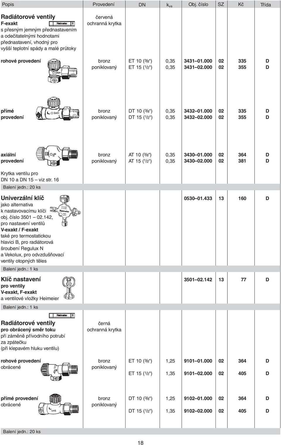 provedení bronz poniklovaný ET 10 ( 3 /8 ) 0,35 ET 15 ( 1 /2 ) 0,35 3431 01.000 02 335 D 3431 02.000 02 355 D přímé provedení bronz poniklovaný DT 10 ( 3 /8 ) 0,35 DT 15 ( 1 /2 ) 0,35 3432 01.