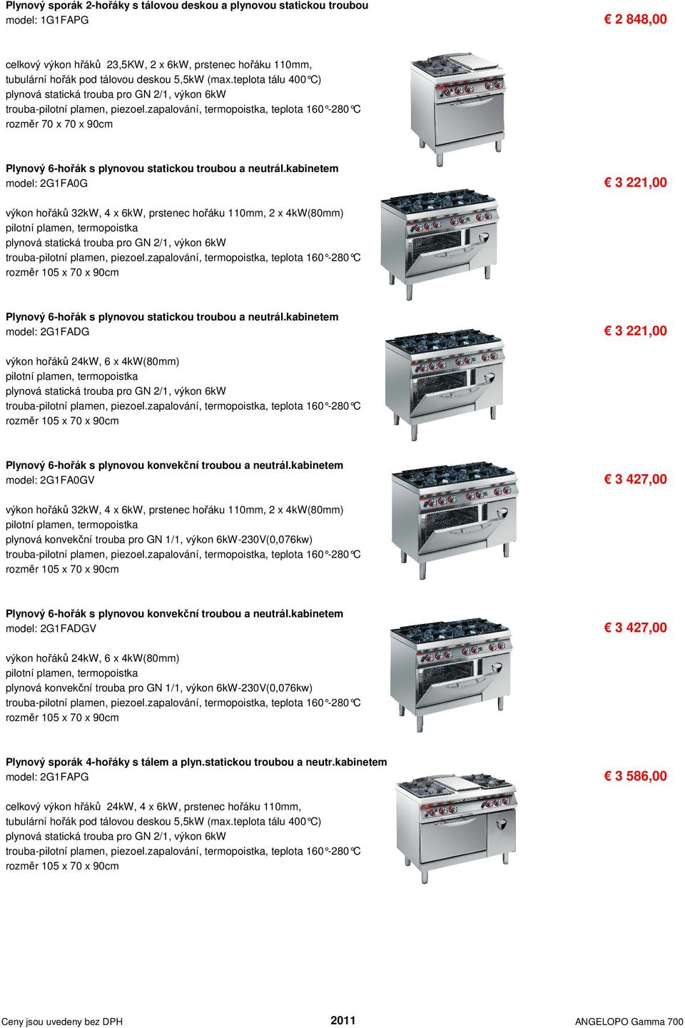 kabinetem model: 2G1FA0G 3 221,00 výkon hořáků 32kW, 4 x 6kW, prstenec hořáku 110mm, 2 x 4kW(80mm) plynová statická trouba pro GN 2/1, výkon 6kW trouba-pilotní plamen, piezoel.