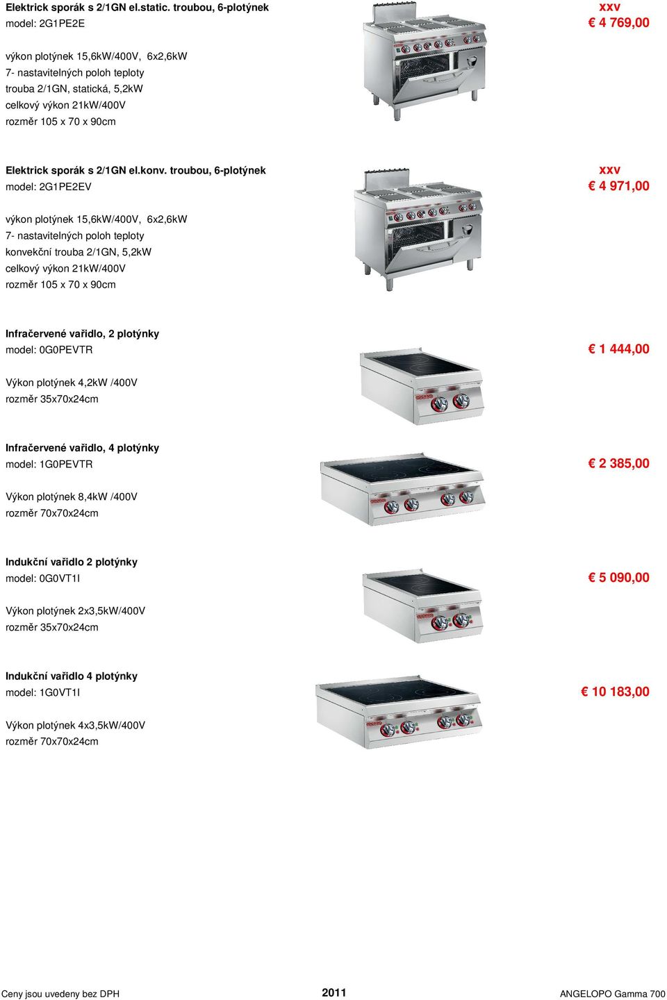 troubou, 6-plotýnek model: 2G1PE2EV 4 971,00 výkon plotýnek 15,6kW/400V, 6x2,6kW konvekční trouba 2/1GN, 5,2kW celkový výkon 21kW/400V Infračervené vařidlo, 2 plotýnky model: