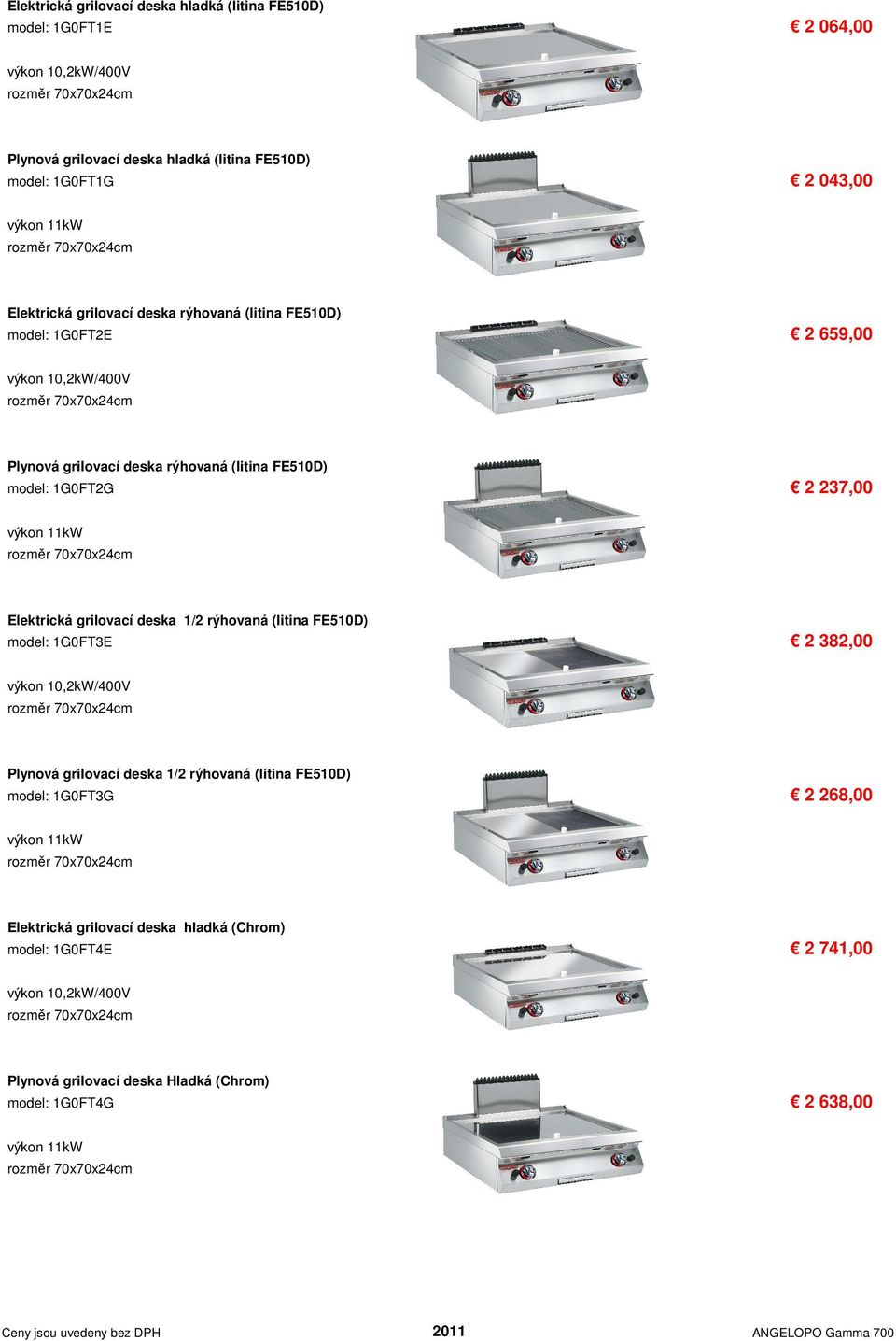 11kW Elektrická grilovací deska 1/2 rýhovaná (litina FE510D) model: 1G0FT3E 2 382,00 výkon 10,2kW/400V Plynová grilovací deska 1/2 rýhovaná (litina FE510D) model: 1G0FT3G 2