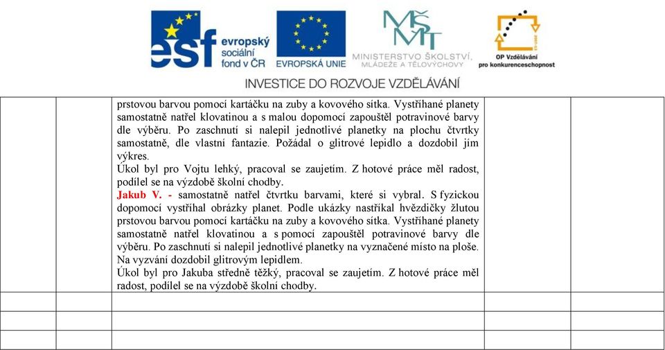 Z hotové práce měl radost, podílel se na výzdobě školní chodby. Jakub V. - samostatně natřel čtvrtku barvami, které si vybral. S fyzickou dopomocí vystříhal obrázky planet.