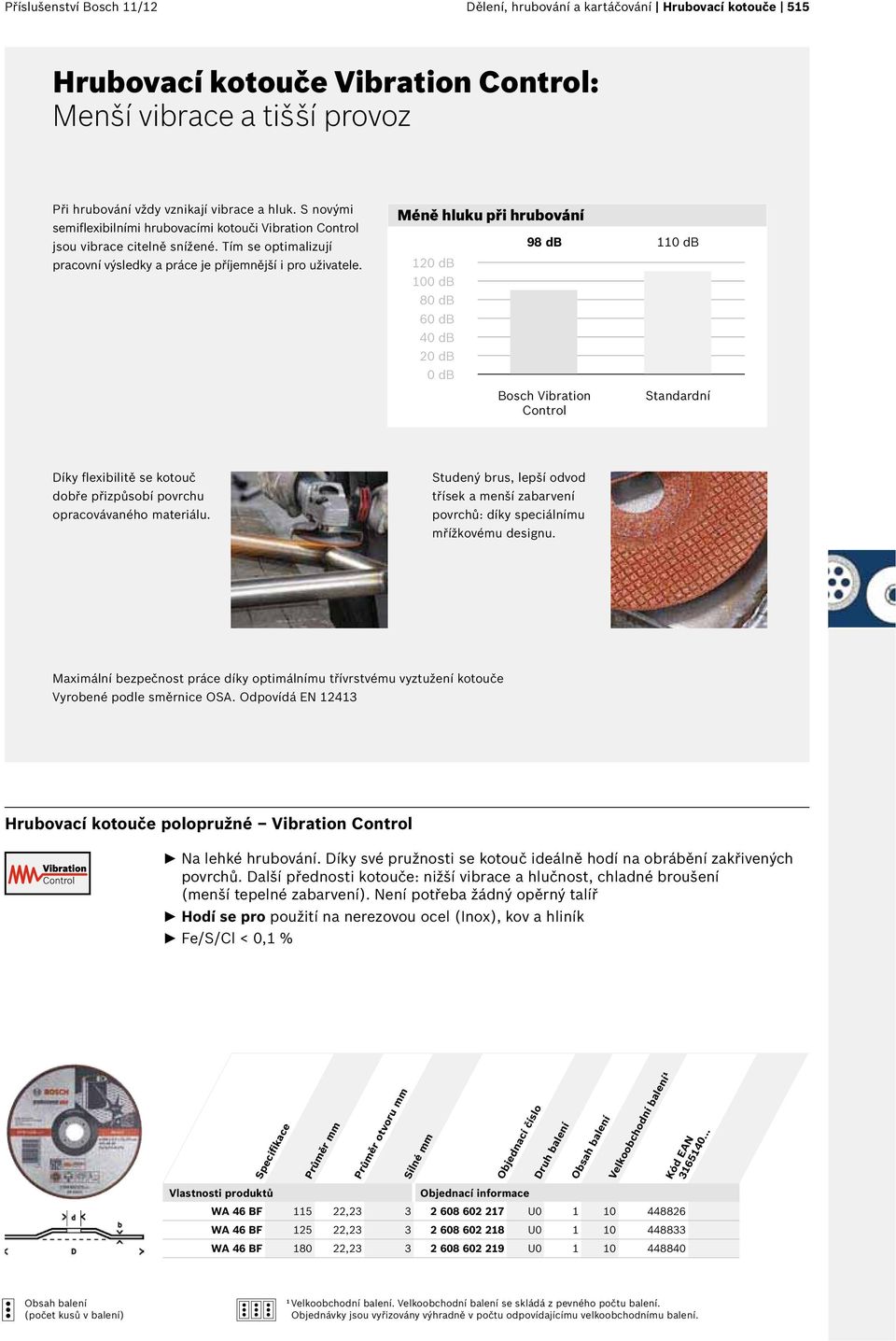 Méně hluku při hrubování 120 db 100 db 80 db 60 db 40 db 20 db 0 db 98 db 110 db Bosch Vibration Control Standardní Díky flexibilitě se kotouč dobře přizpůsobí povrchu opracovávaného materiálu.