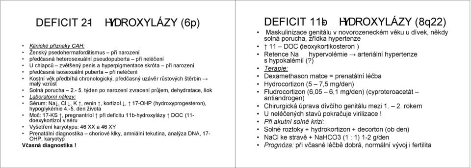 týden po narození zvracení průjem, dehydratace, šok Laboratorní nálezy: Sérum: Na, Cl, K, renin, kortizol, 17-OHP (hydroxyprogesteron), hypoglykémie 4.-5.