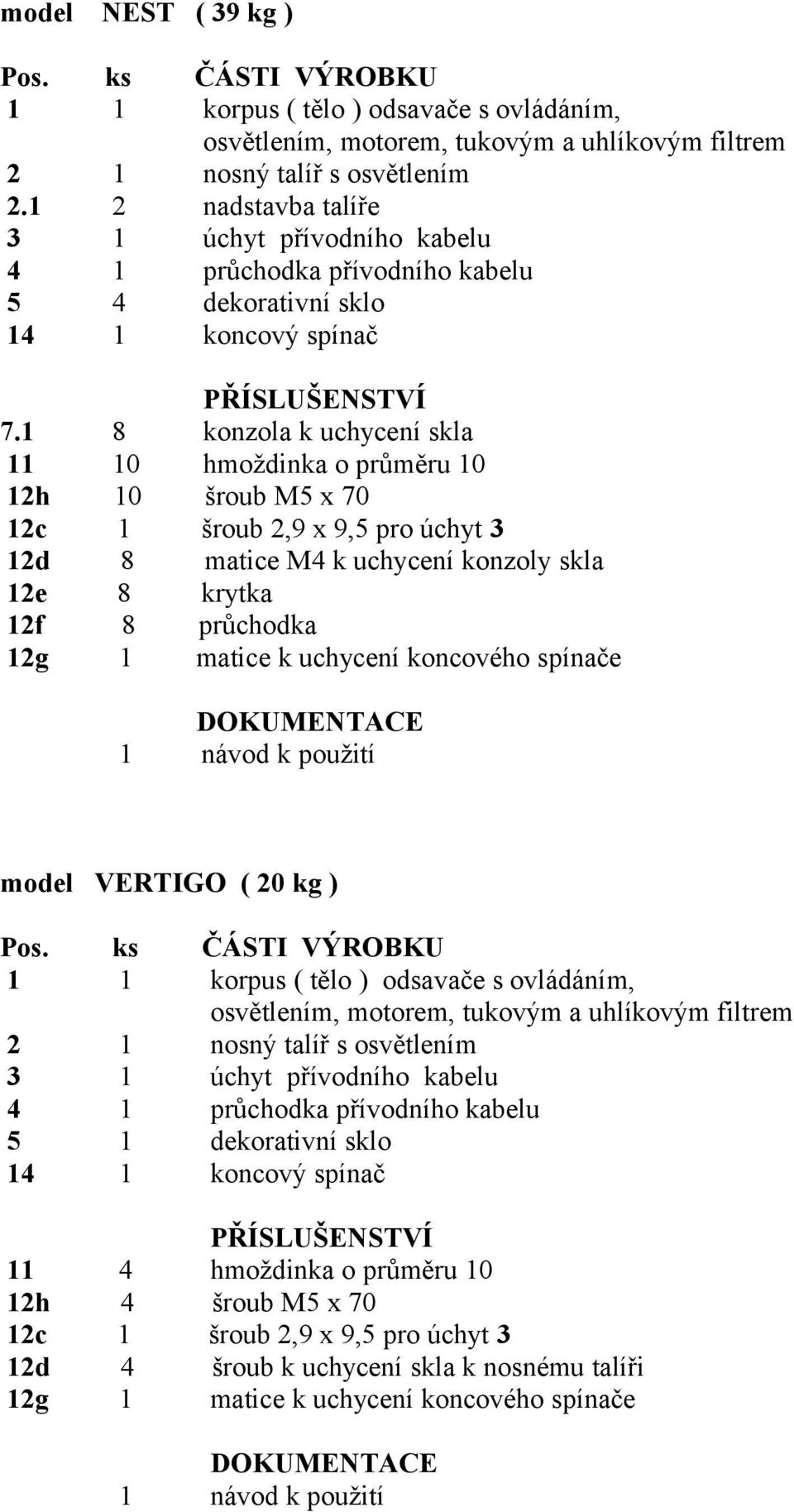 průchodka 12g 1 matice k uchycení koncového spínače model VERTIGO ( 20 kg ) 2 1 nosný talíř s osvětlením 4 1 průchodka přívodního kabelu 5