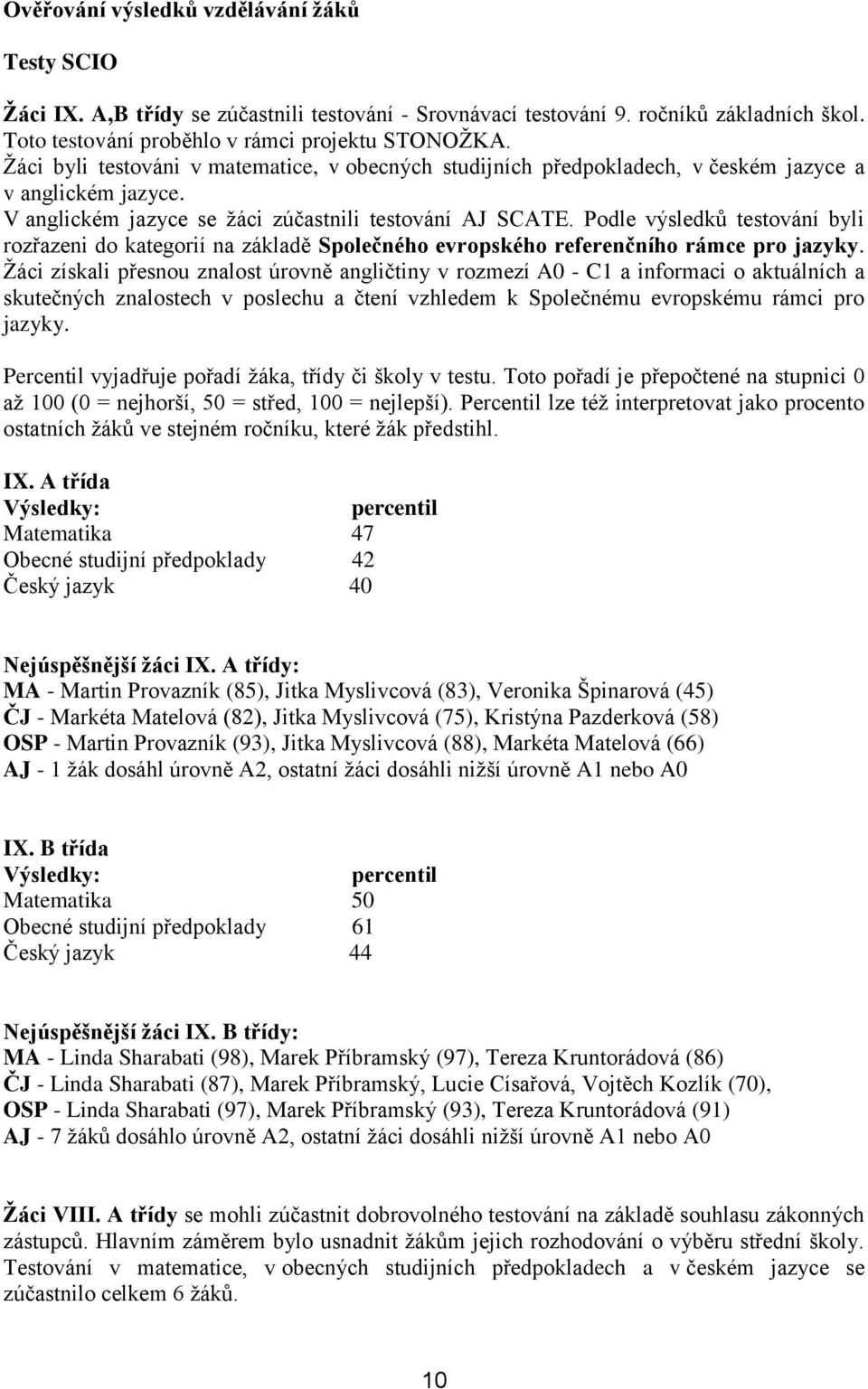 Podle výsledků testování byli rozřazeni do kategorií na základě Společného evropského referenčního rámce pro jazyky.