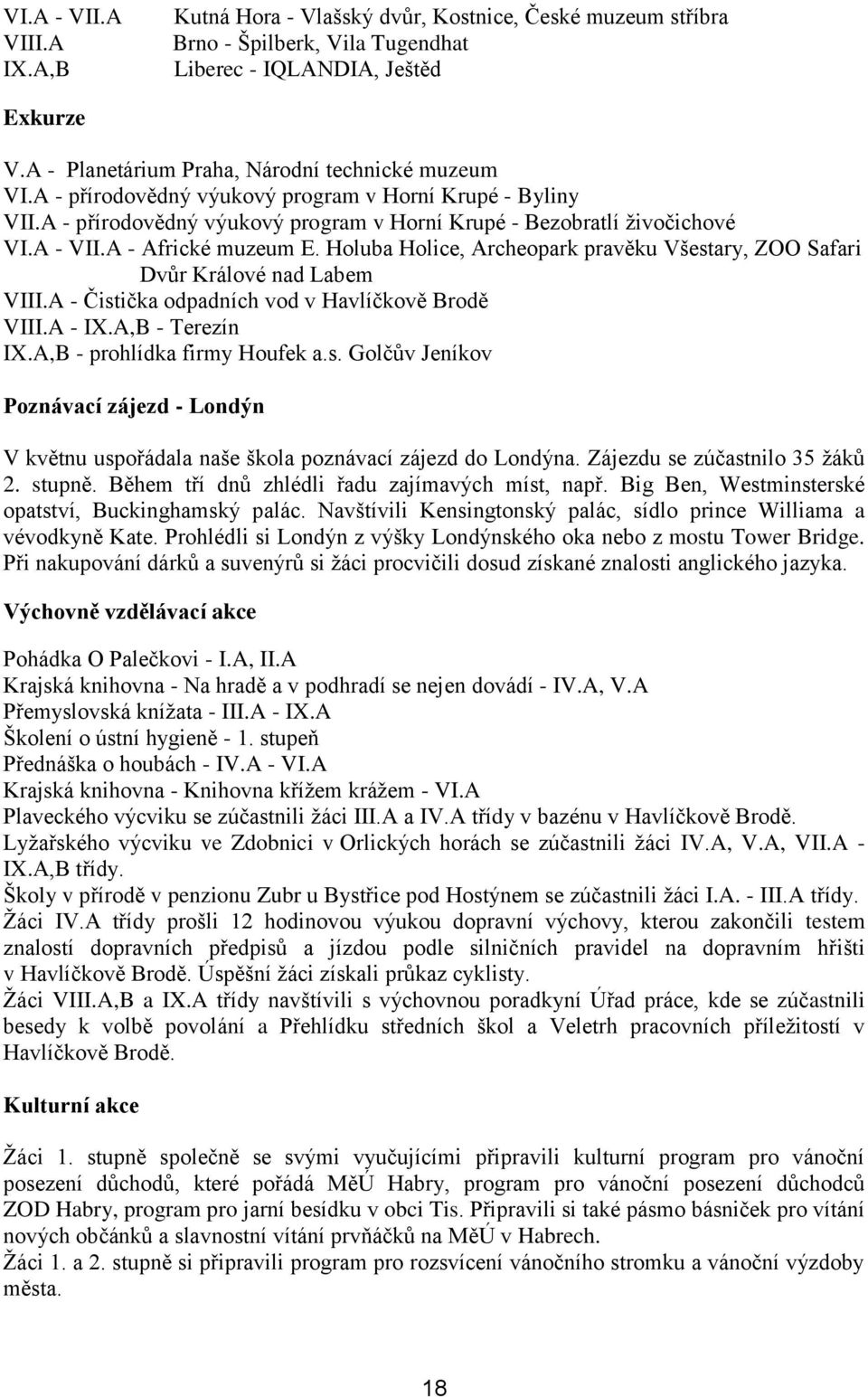 A - Africké muzeum E. Holuba Holice, Archeopark pravěku Všestary, ZOO Safari Dvůr Králové nad Labem VIII.A - Čistička odpadních vod v Havlíčkově Brodě VIII.A - IX.A,B - Terezín IX.
