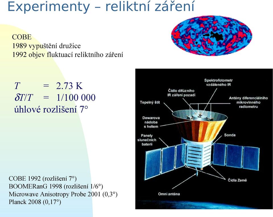 73 K δt/t = 1/100 000 úhlové rozlišení 7 COBE 1992 (rozlišení 7