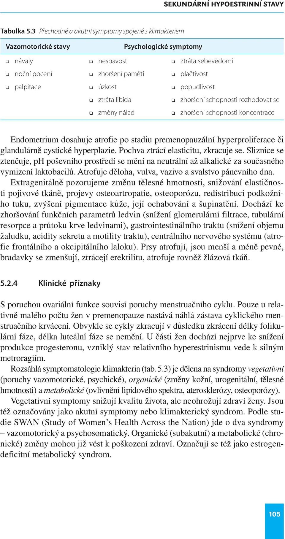 ztráta libida zhoršení schopnosti rozhodovat se změny nálad zhoršení schopnosti koncentrace Endometrium dosahuje atrofie po stadiu premenopauzální hyperproliferace či glandulárně cystické hyperplazie.