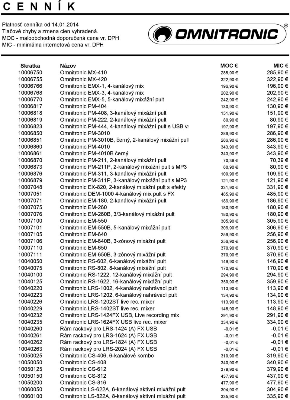 4-kanálový mix 202,90 202,90 10006770 Omnitronic EMX-5, 5-kanálový mixážní pult 242,90 242,90 10006817 Omnitronic PM-404 130,90 130,90 10006818 Omnitronic PM-408, 3-kanálový mixážní pult 151,90