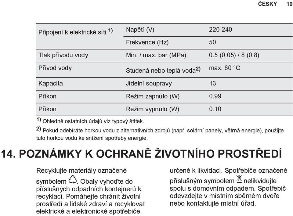 2) Pokud odebíráte horkou vodu z alternativních zdrojů (např. solární panely, větrná energie), použijte tuto horkou vodu ke snížení spotřeby energie. 14.