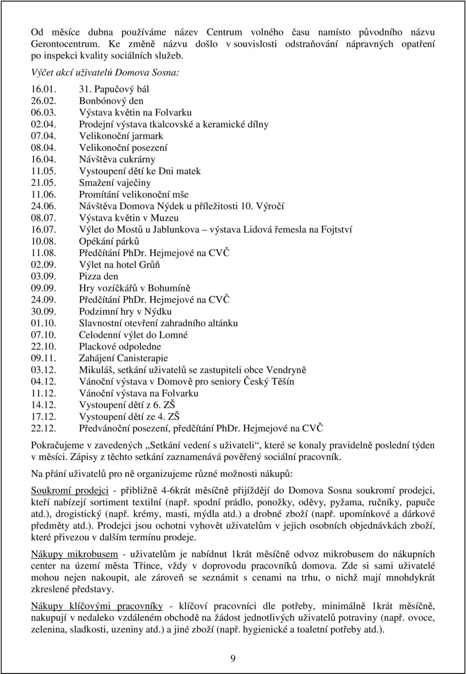 04. Návštěva cukrárny 11.05. Vystoupení dětí ke Dni matek 21.05. Smažení vaječiny 11.06. Promítání velikonoční mše 24.06. Návštěva Domova Nýdek u příležitosti 10. Výročí 08.07.