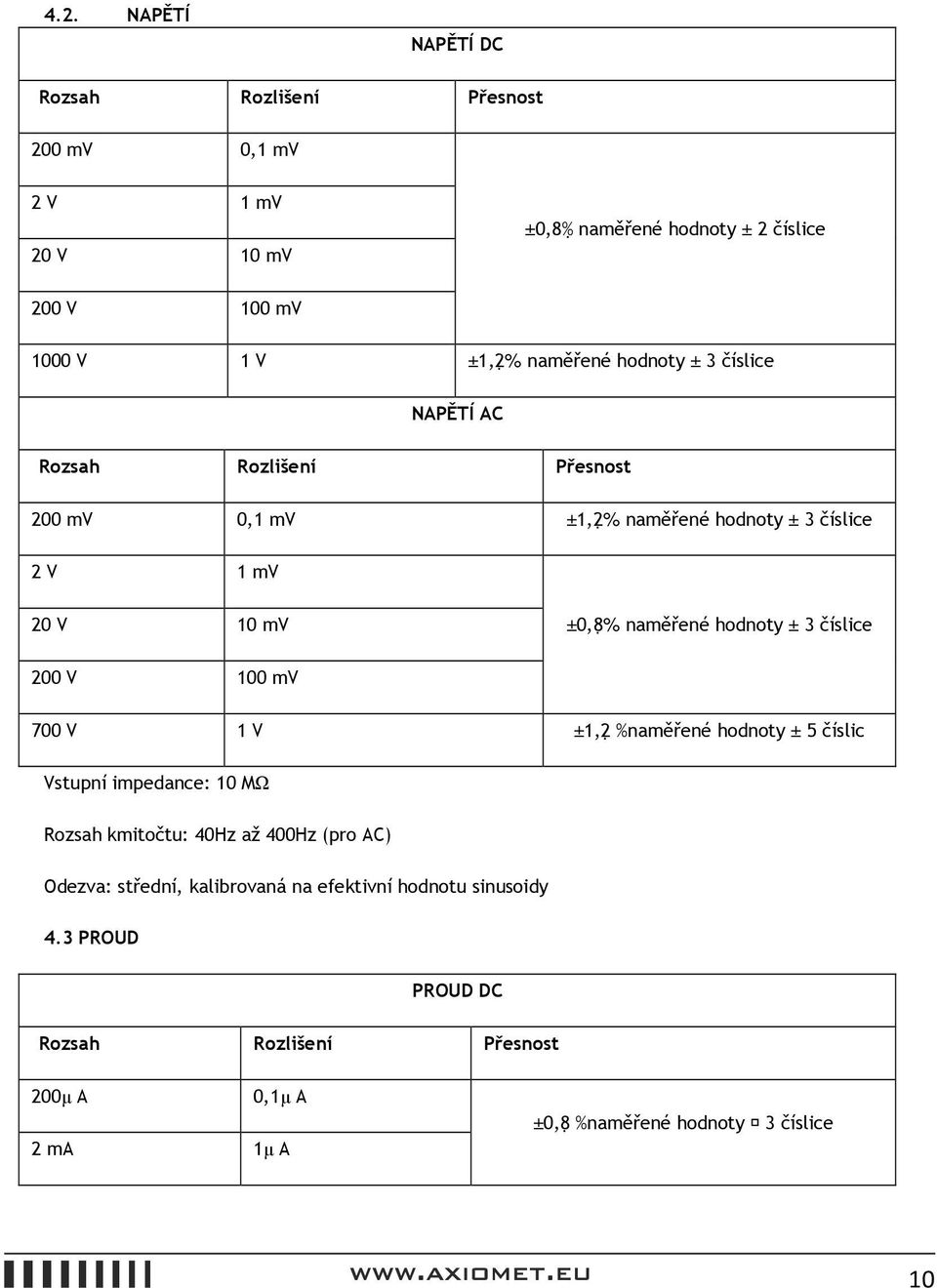 hodnoty ± 3 číslice 200 V 100 mv 700 V 1 V ±1,2 %naměřené hodnoty ± 5 číslic Vstupní impedance: 10 MΩ Rozsah kmitočtu: 40Hz až 400Hz (pro AC) Odezva: