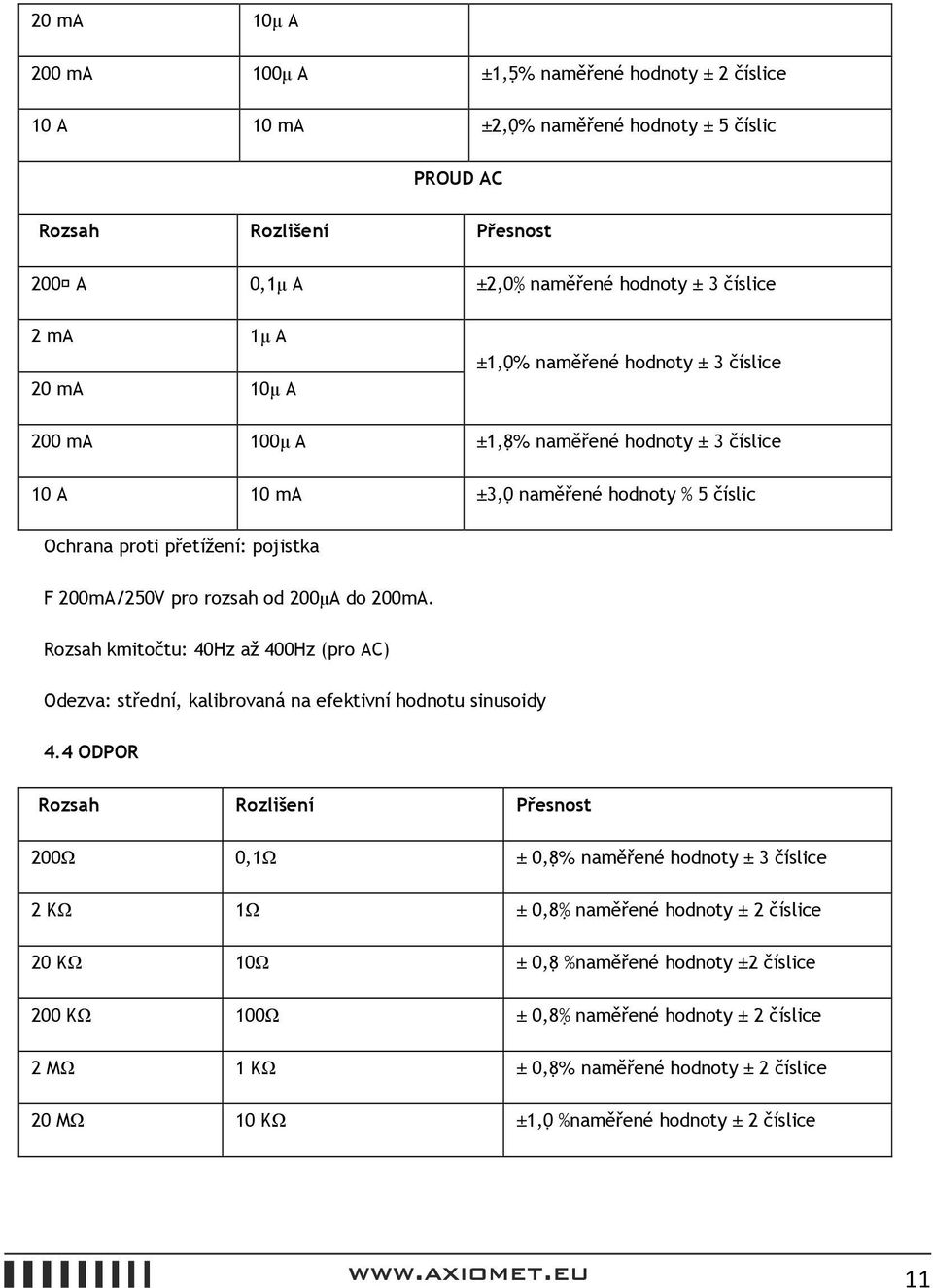 rozsah od 200µA do 200mA. Rozsah kmitočtu: 40Hz až 400Hz (pro AC) Odezva: střední, kalibrovaná na efektivní hodnotu sinusoidy 4.