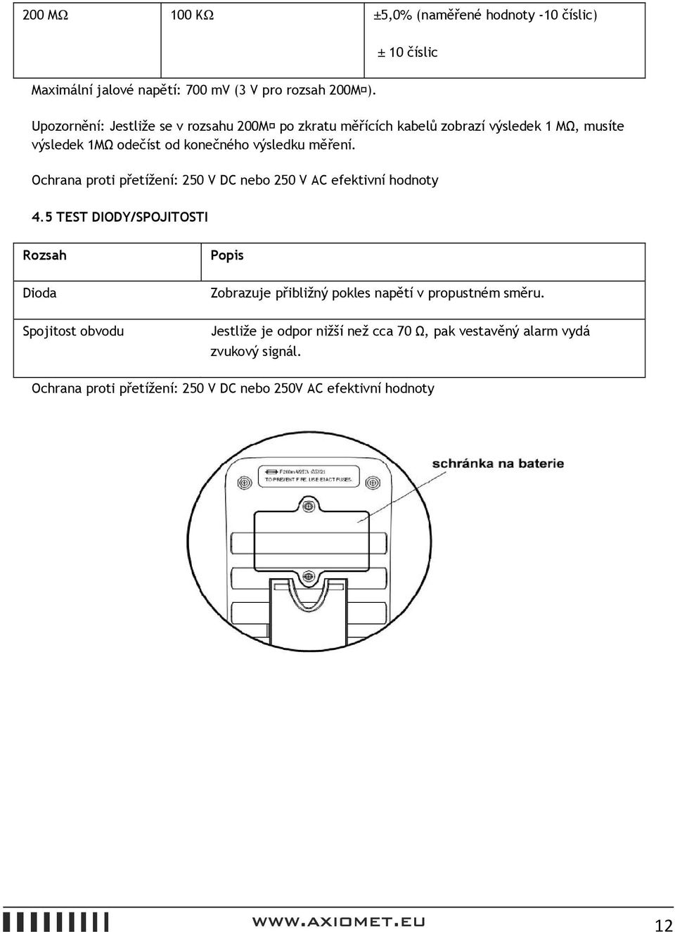 Ochrana proti přetížení: 250 V DC nebo 250 V AC efektivní hodnoty 4.