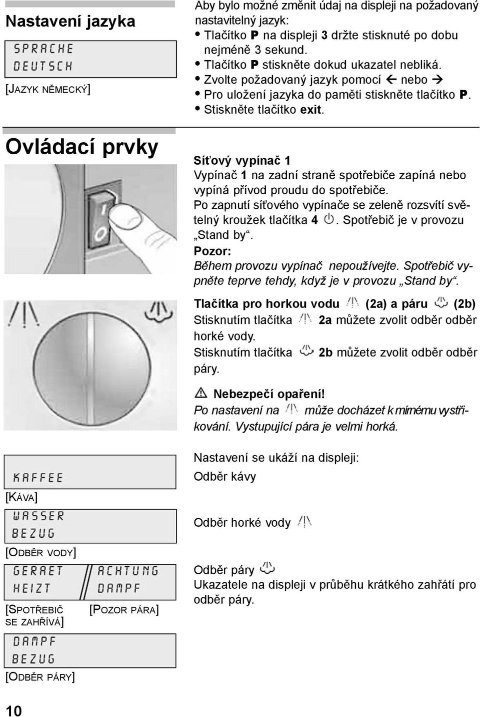 Síťový vypínač 1 Vypínač 1 na zadní straně spotřebiče zapíná nebo vypíná přívod proudu do spotřebiče. Po zapnutí síťového vypínače se zeleně rozsvítí světelný kroužek tlačítka 4.