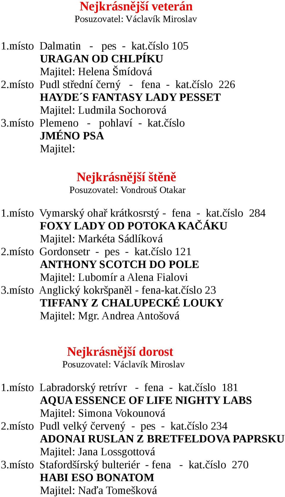 místo Vymarský ohař krátkosrstý - fena - kat.číslo 284 FOXY LADY OD POTOKA KAČÁKU Majitel: Markéta Sádlíková 2.místo Gordonsetr - pes - kat.