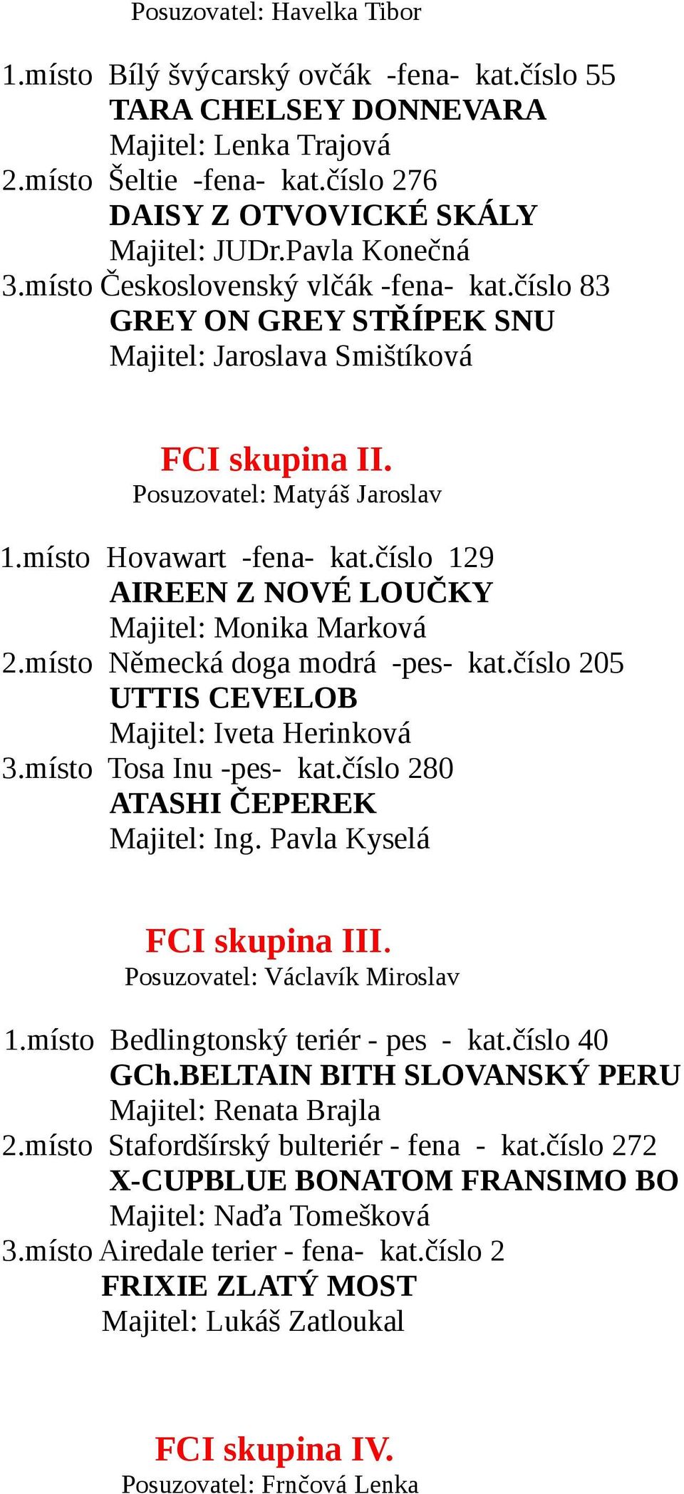 číslo 129 AIREEN Z NOVÉ LOUČKY Majitel: Monika Marková 2.místo Německá doga modrá -pes- kat.číslo 205 UTTIS CEVELOB Majitel: Iveta Herinková 3.místo Tosa Inu -pes- kat.