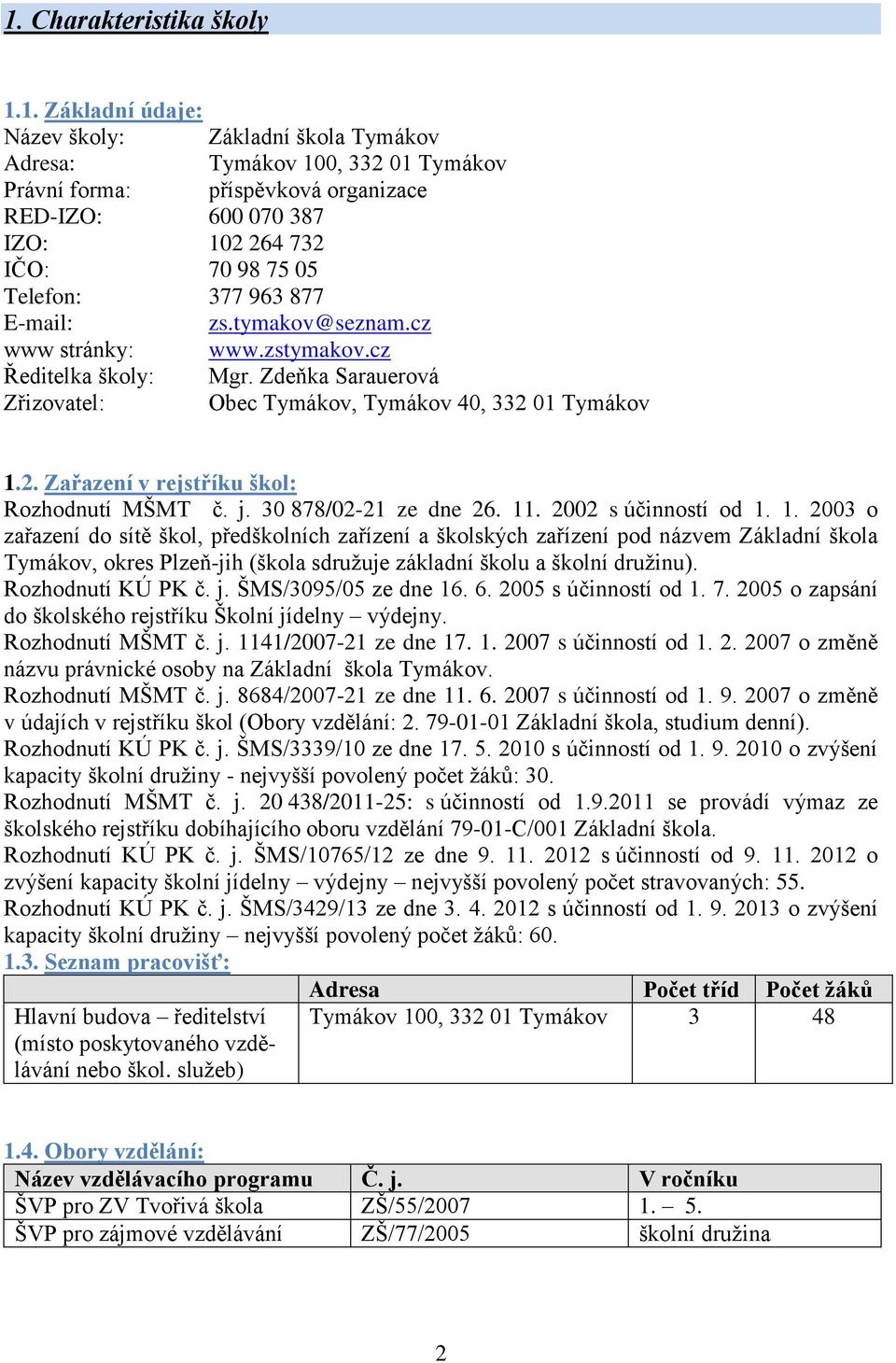 01 Tymákov 1.2. Zařazení v rejstříku škol: Rozhodnutí MŠMT č. j. 30 878/02-21 ze dne 26. 11. 2002 s účinností od 1. 1. 2003 o zařazení do sítě škol, předškolních zařízení a školských zařízení pod názvem Základní škola Tymákov, okres Plzeň-jih (škola sdruţuje základní školu a školní druţinu).