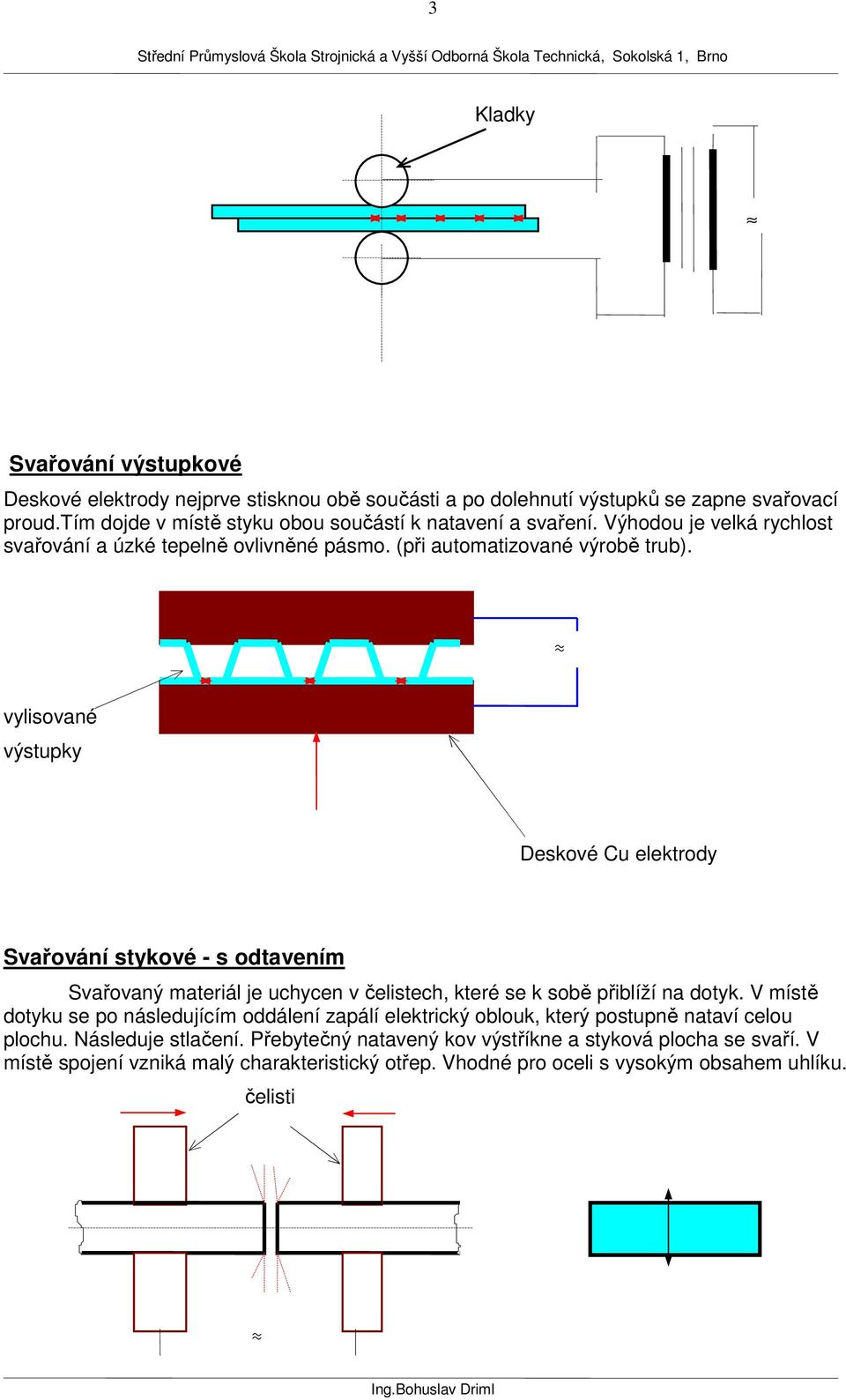 vylisované výstupky Deskové Cu elektrody Svařování stykové - s odtavením Svařovaný materiál je uchycen v čelistech, které se k sobě přiblíží na dotyk.