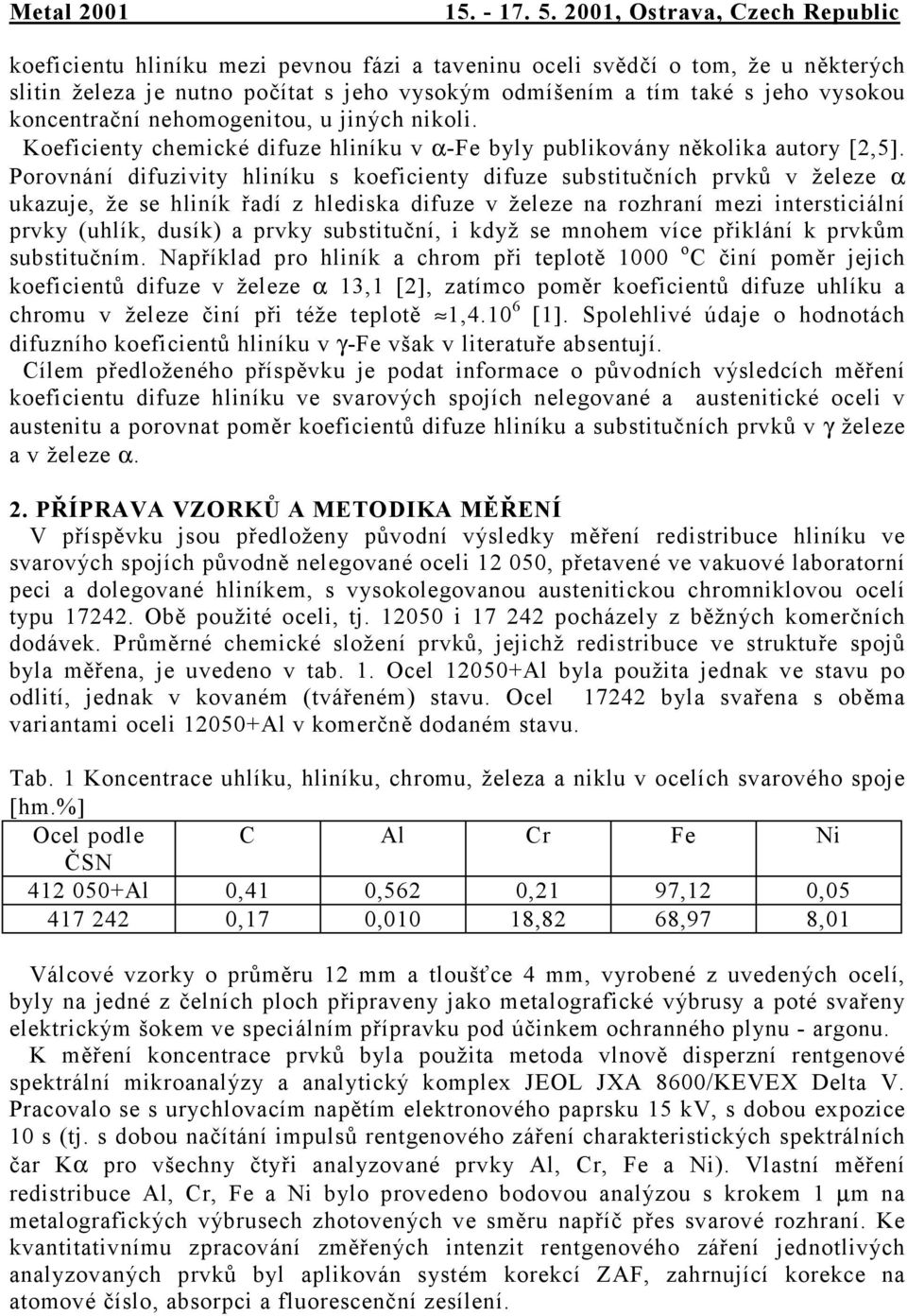 koncentrační nehomogenitou, u jiných nikoli. Koeficienty chemické difuze hliníku v αfe byly publikovány několika autory [2,5].