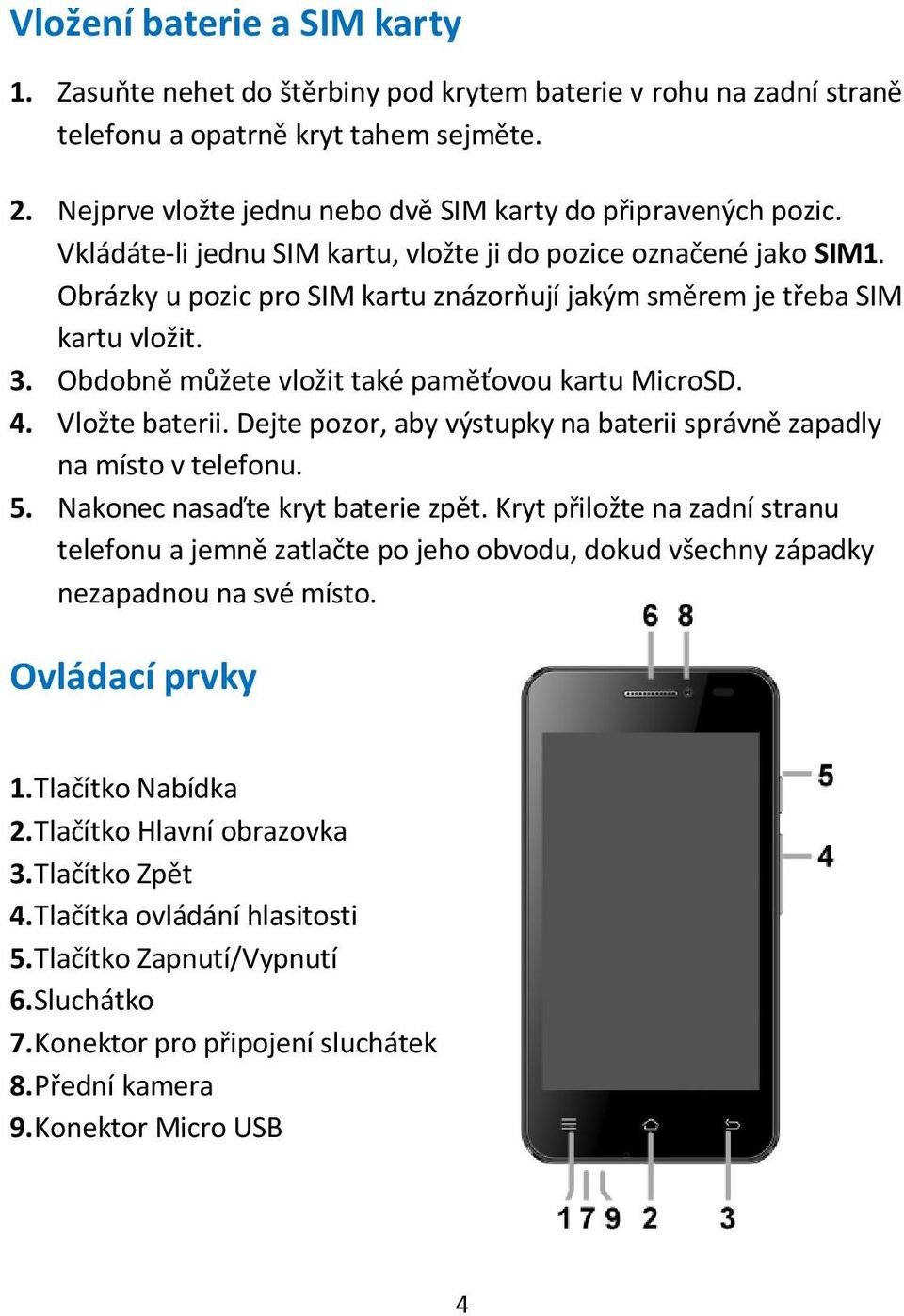 Obrázky u pozic pro SIM kartu znázorňují jakým směrem je třeba SIM kartu vložit. 3. Obdobně můžete vložit také paměťovou kartu MicroSD. 4. Vložte baterii.