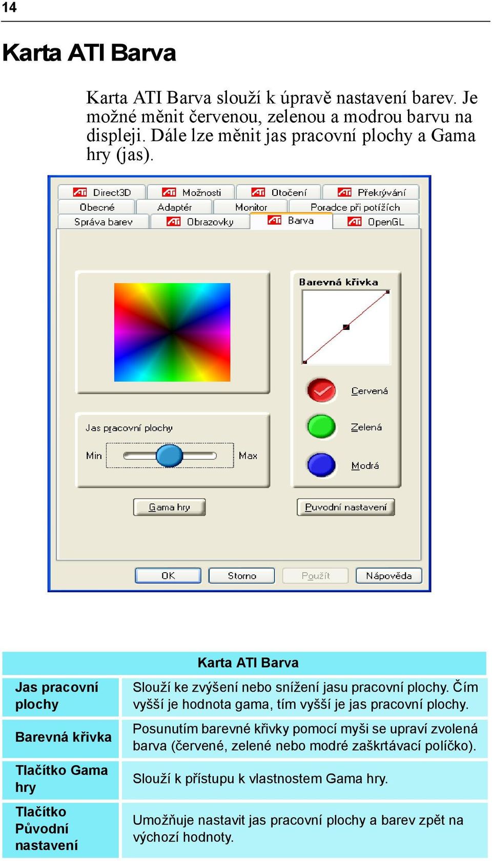 Jas pracovní plochy Barevná křivka Tlačítko Gama hry Tlačítko Původní nastavení Karta ATI Barva Slouží ke zvýšení nebo snížení jasu pracovní plochy.