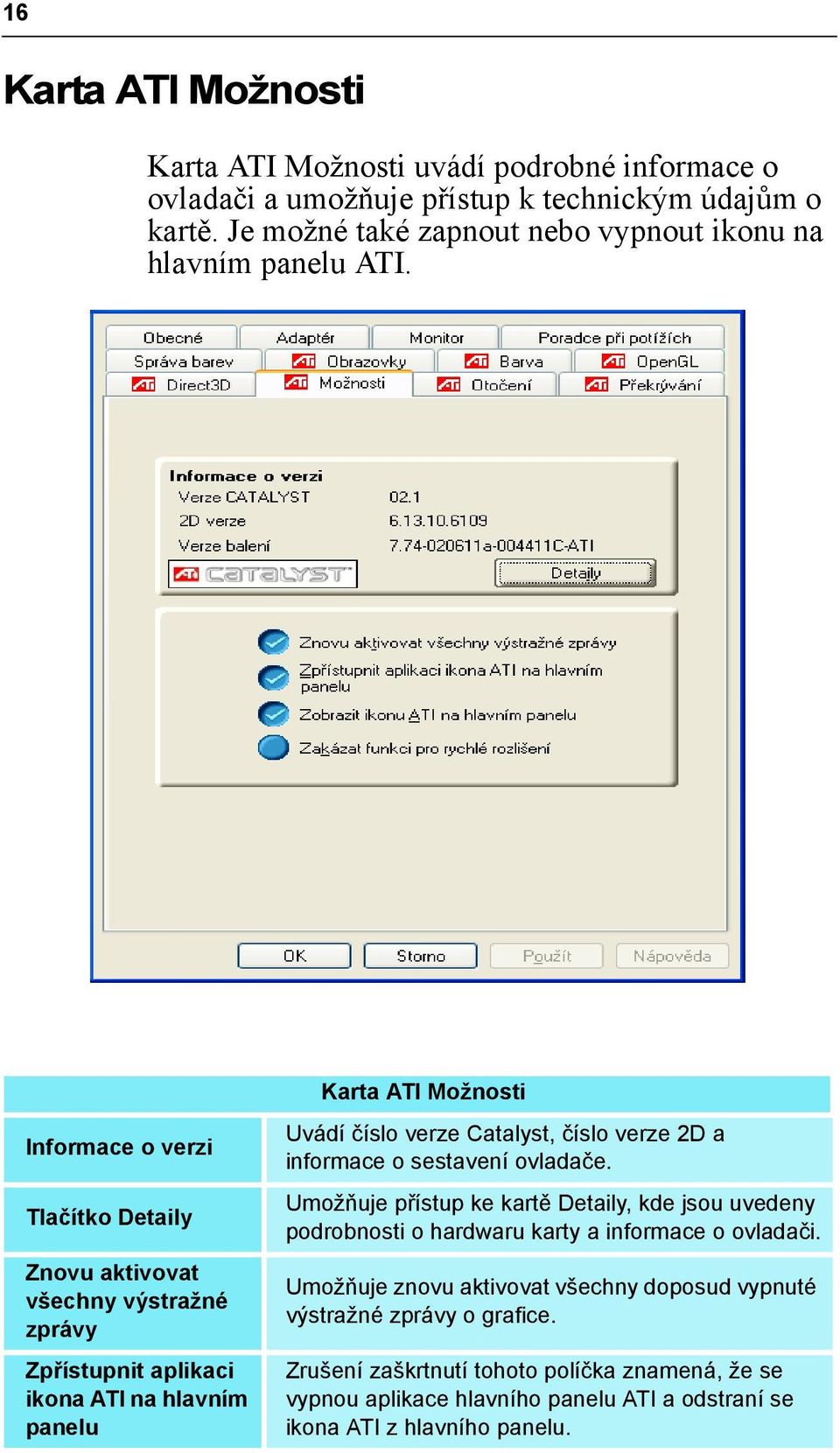 Informace o verzi Tlačítko Detaily Znovu aktivovat všechny výstražné zprávy Zpřístupnit aplikaci ikona ATI na hlavním panelu Karta ATI Možnosti Uvádí číslo verze Catalyst, číslo