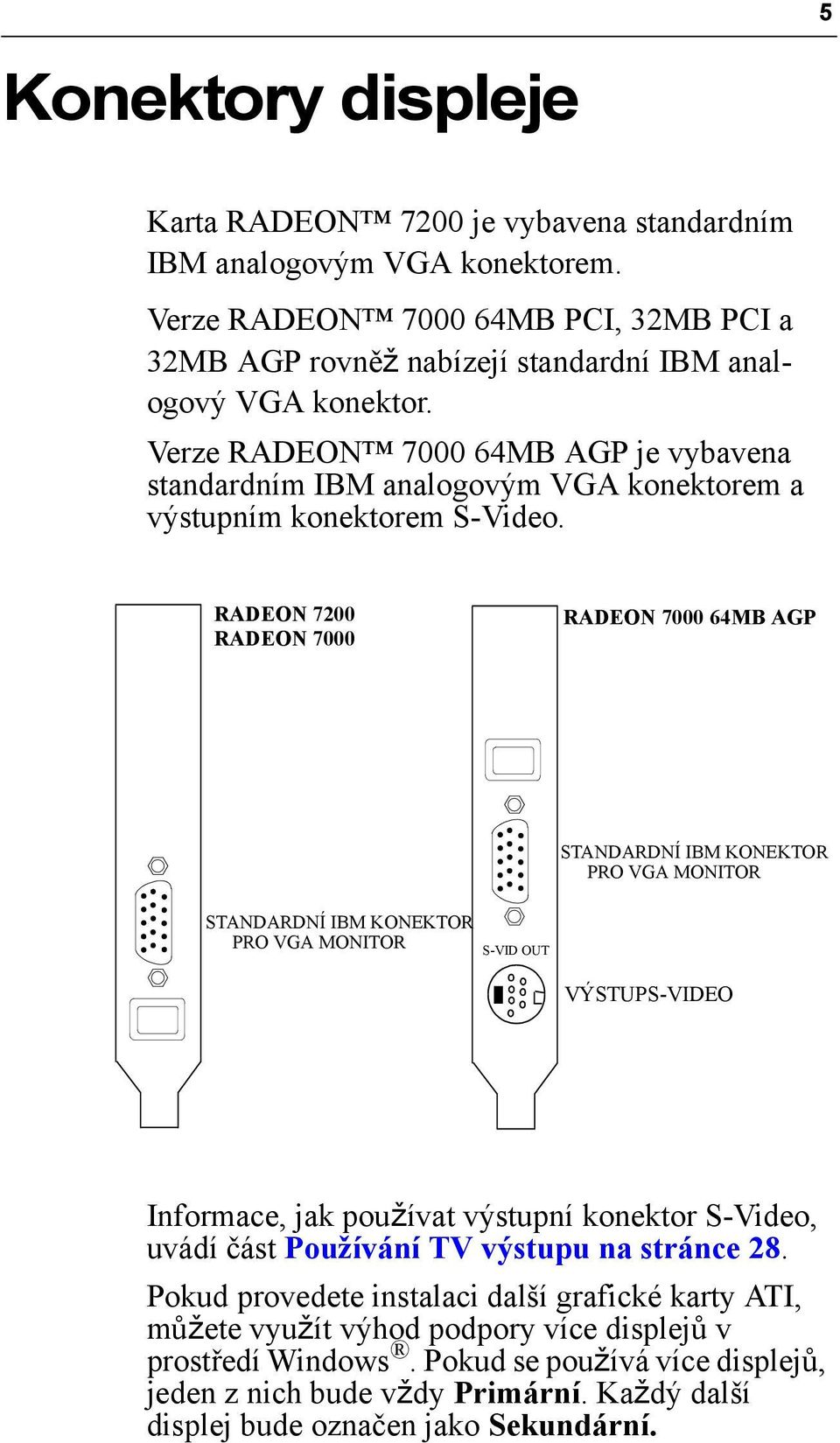 RADEON 7200 RADEON 7000 RADEON 7000 64MB AGP STANDARDNÍ IBM KONEKTOR PRO VGA MONITOR STANDARDNÍ IBM KONEKTOR PRO VGA MONITOR S-VID OUT VÝSTUPS-VIDEO Informace, jak používat výstupní konektor