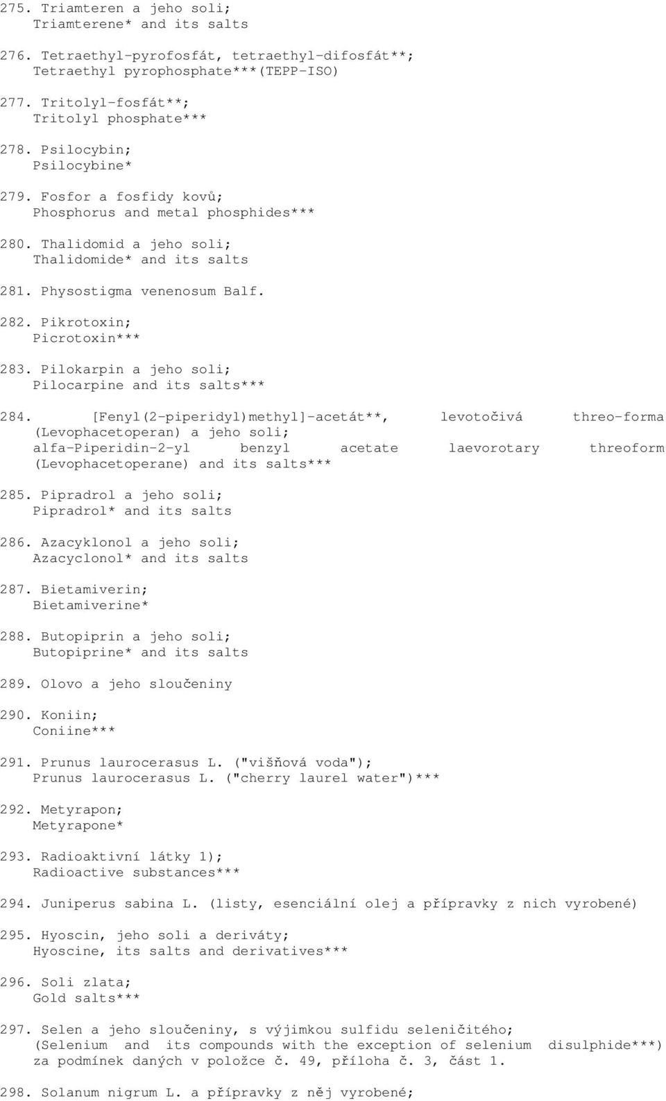 Pikrotoxin; Picrotoxin*** 283. Pilokarpin a jeho soli; Pilocarpine and its salts*** 284.