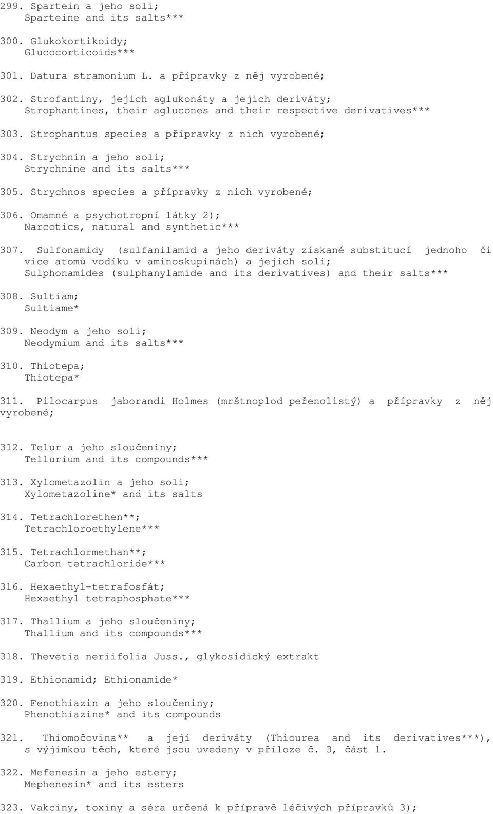 Strychnin a jeho soli; Strychnine and its salts*** 305. Strychnos species a přípravky z nich vyrobené; 306. Omamné a psychotropní látky 2); Narcotics, natural and synthetic*** 307.