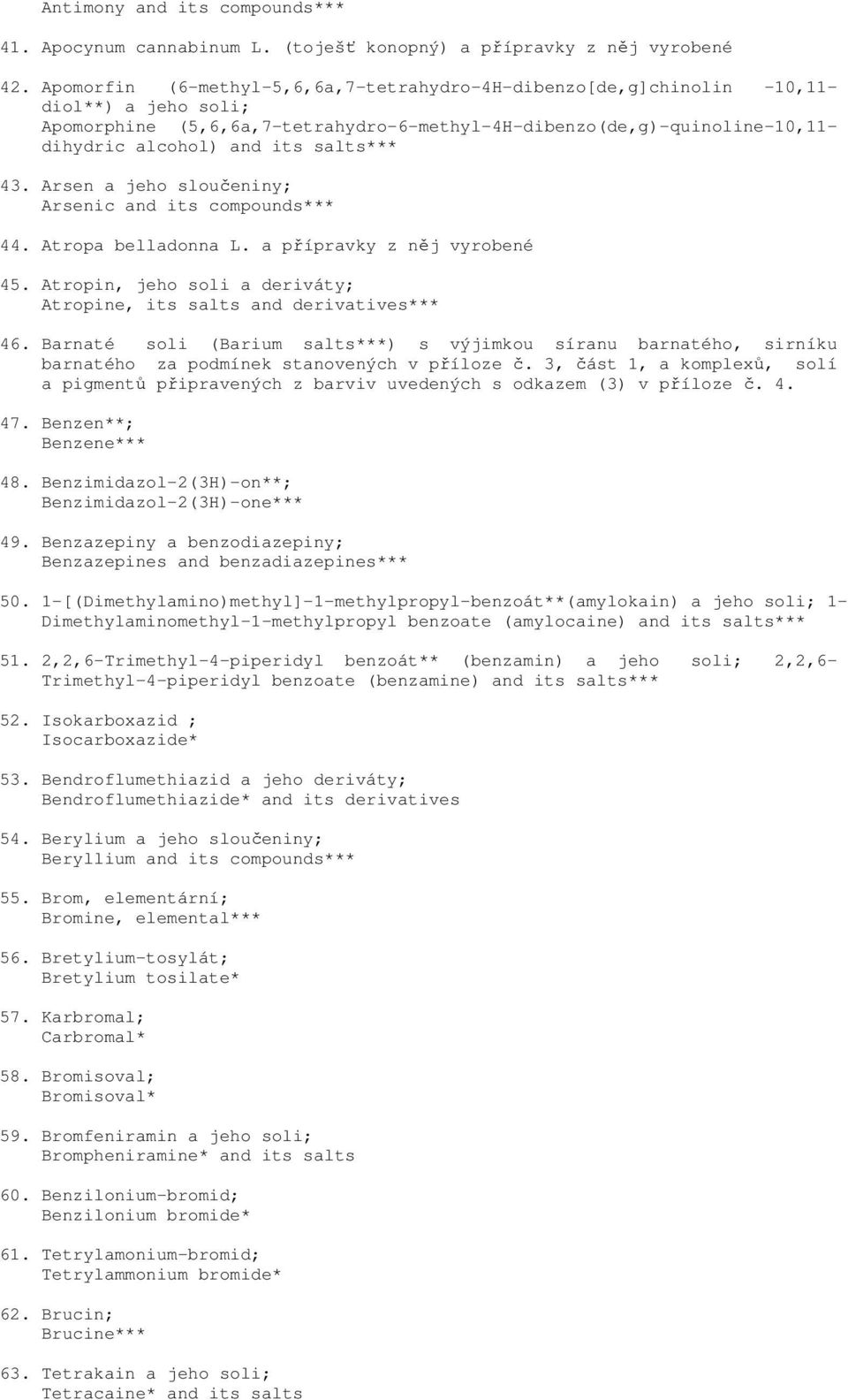 salts*** 43. Arsen a jeho sloučeniny; Arsenic and its compounds*** 44. Atropa belladonna L. a přípravky z něj vyrobené 45. Atropin, jeho soli a deriváty; Atropine, its salts and derivatives*** 46.