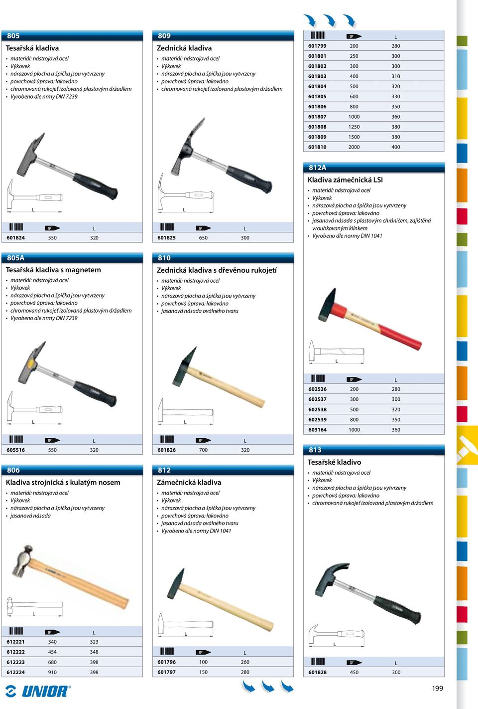 Tesařská kladiva s magnetem Vyrobeno dle nrmy IN 7239 810 Zednická kladiva s dřevěnou rukojetí 605516 550 320 806 Kladiva strojnická s kulatým nosem jasanová násada 601826 700 320 812 Zámečnická