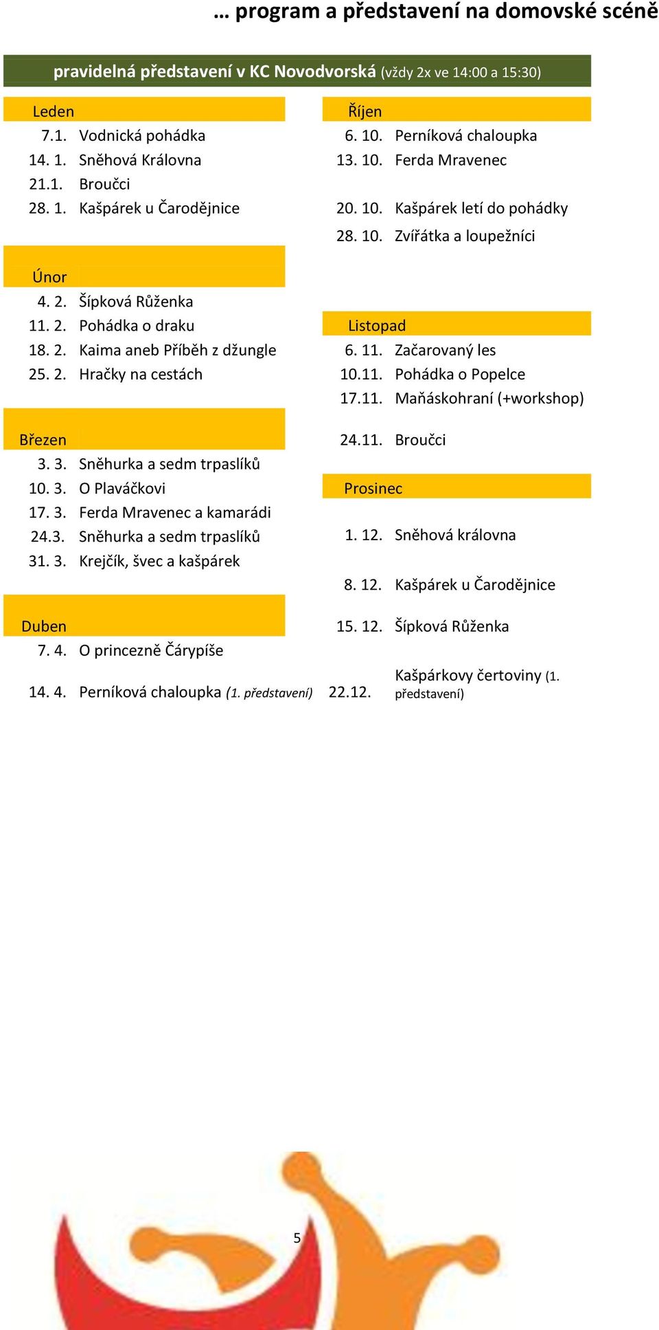 11. Začarovaný les 25. 2. Hračky na cestách 10.11. Pohádka o Popelce 17.11. Maňáskohraní (+workshop) Březen 24.11. Broučci 3. 3. Sněhurka a sedm trpaslíků 10. 3. O Plaváčkovi Prosinec 17. 3. Ferda Mravenec a kamarádi 24.