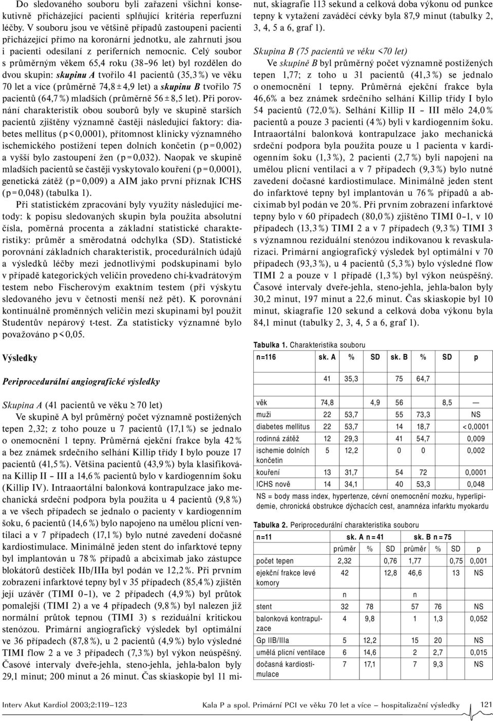 Celý soubor s průměrným věkem 65,4 roku (38 96 let) byl rozdělen do dvou skupin: skupinu A tvořilo 41 pacientů (35,3 %) ve věku 70 let a více (průměrně 74,8 ± 4,9 let) a skupinu B tvořilo 75 pacientů