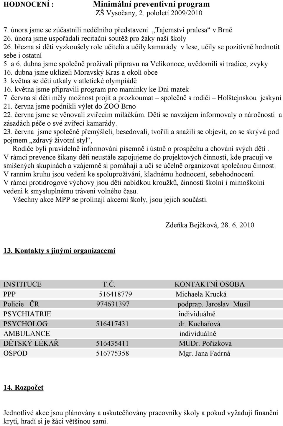 dubna jsme společně prožívali přípravu na Velikonoce, uvědomili si tradice, zvyky 16. dubna jsme uklízeli Moravský Kras a okolí obce 3. května se děti utkaly v atletické olympiádě 16.