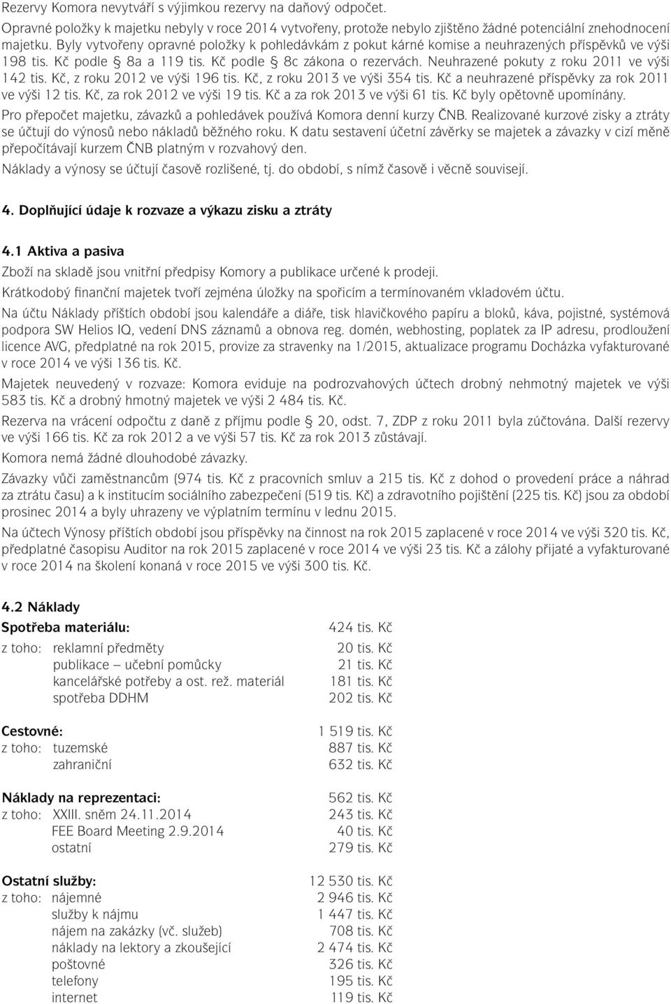 Neuhrazené pokuty z roku 2011 ve výši 142 tis. Kč, z roku 2012 ve výši 196 tis. Kč, z roku 2013 ve výši 354 tis. Kč a neuhrazené příspěvky za rok 2011 ve výši 12 tis. Kč, za rok 2012 ve výši 19 tis.