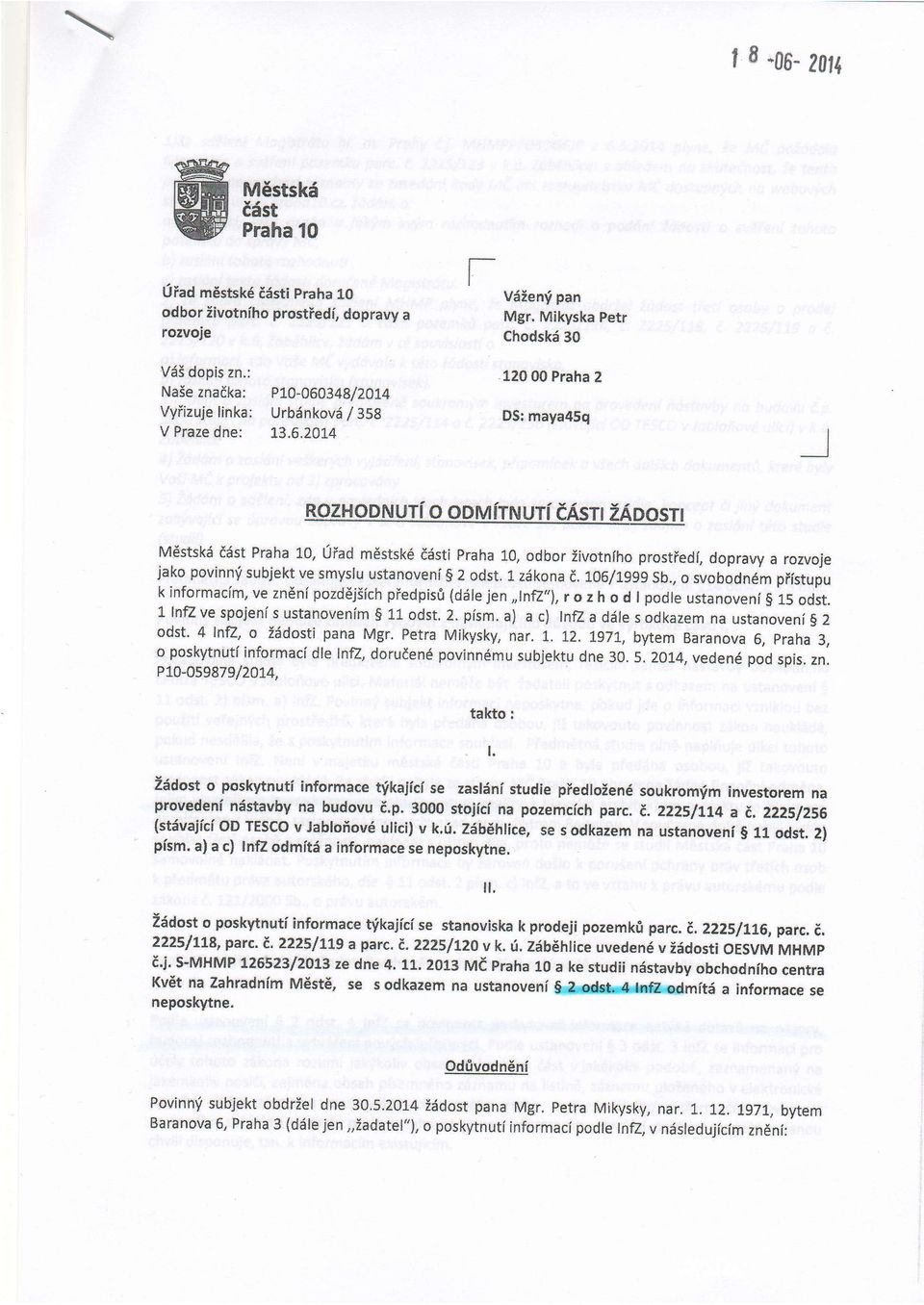 0 00 Praha 2 D$: maya45q RO,#lQp_Nqrf o oururlruur[ eas,:r *6nos:t M6stskii di{st Fraha 10, 0fad mdstsk6 tiisti Praha 10, odbor iivotniho pr.