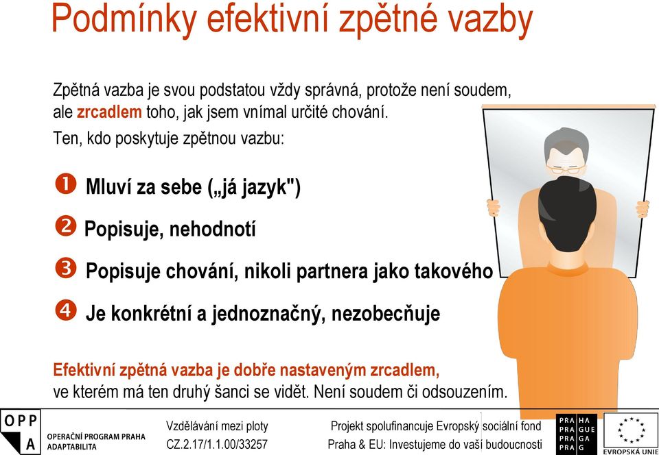 Ten, kdo poskytuje zpětnou vazbu: Mluví za sebe ( já jazyk") Popisuje, nehodnotí Popisuje chování, nikoli