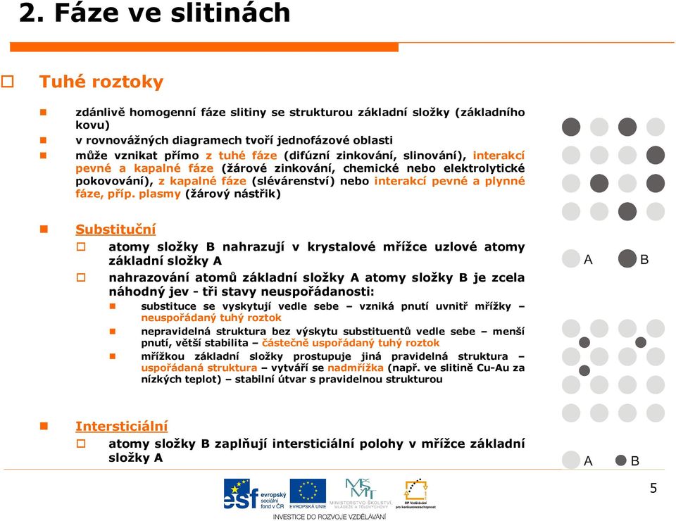 plasmy (žárový nástřik) Substituční atomy složky B nahrazují v krystalové mříže uzlové atomy základní složky A nahrazování atomů základní složky A atomy složky B je zela náhodný jev - tři stavy