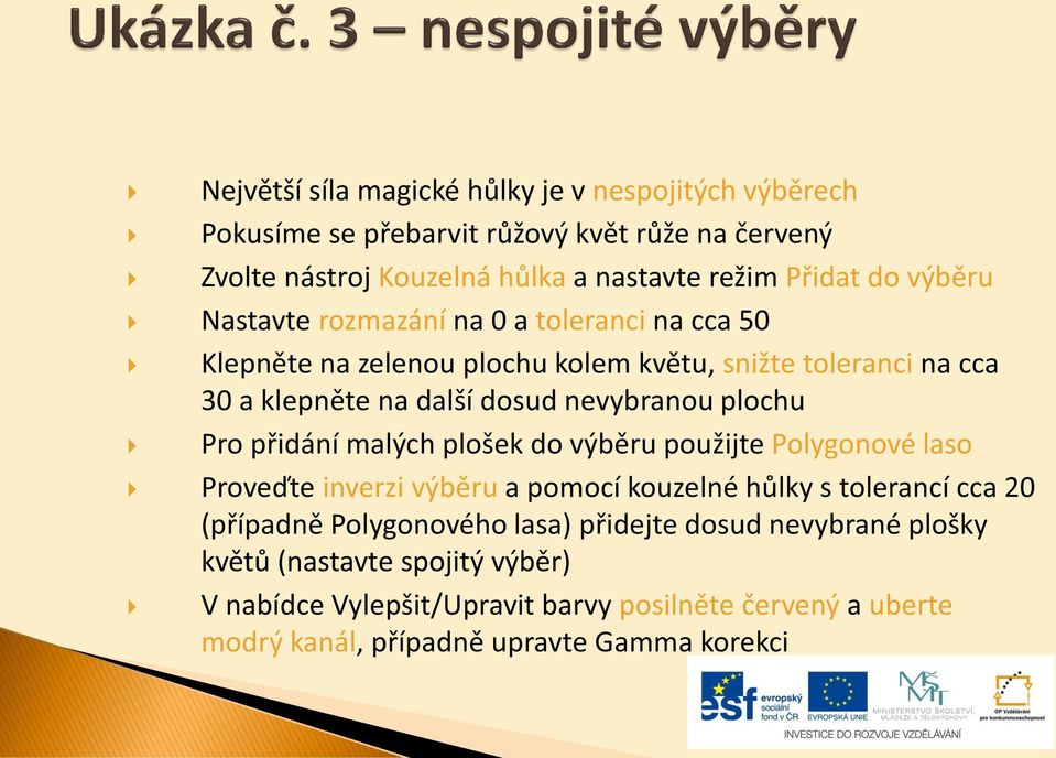 plochu Pro přidání malých plošek do výběru použijte Polygonové laso Proveďte inverzi výběru a pomocí kouzelné hůlky s tolerancí cca 20 (případně Polygonového