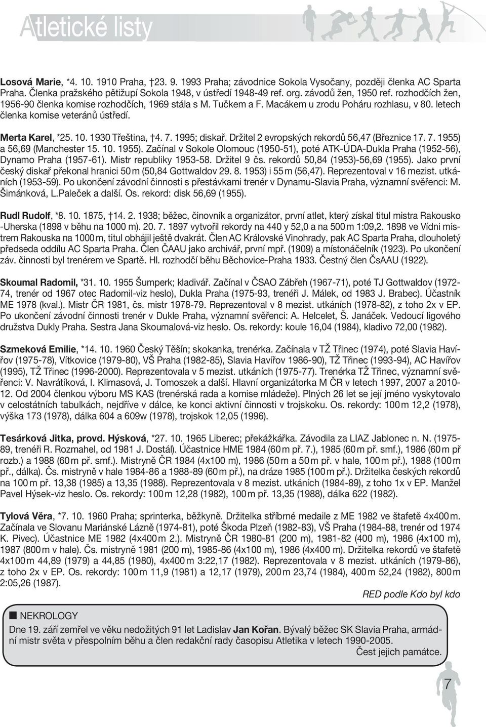ATHLETIC FEDER ATION Merta Karel, *25. 10. 1930 Třeština, 4. 7. 1995; diskař. Držitel 2 evropských rekordů 56,47 (Březnice 17. 7. 1955) 