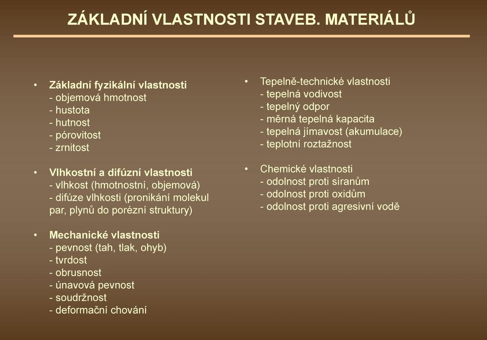 objemová) - difúze vlhkosti (pronikání molekul par, plynů do porézní struktury) Tepelně-technické vlastnosti - tepelná vodivost - tepelný odpor -měrná